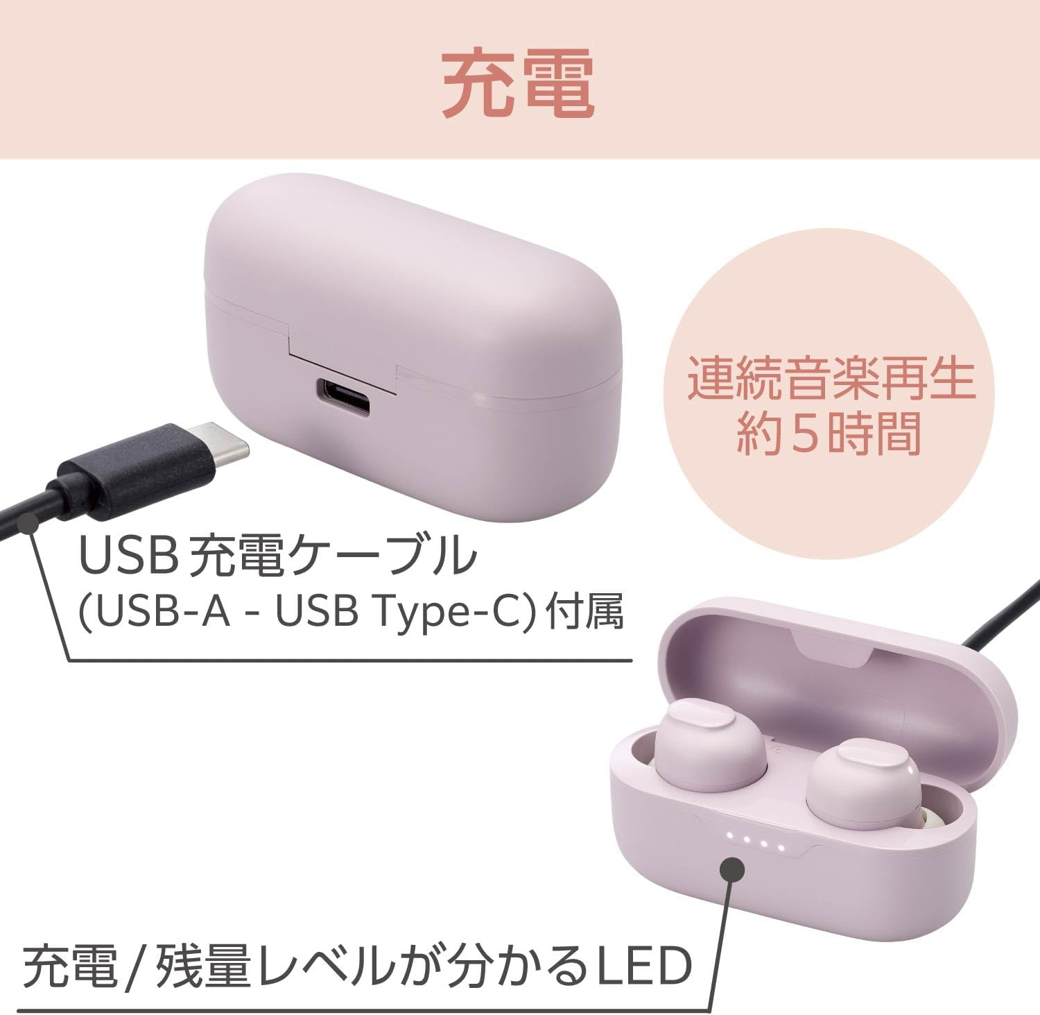 Elecom LBT-TWS16JMPU Wireless Earphones, Bluetooth 5.3, Ear Plugs, Lightweight, SBC/AAC Compatible, Low Latency, 5 Hours of Continuous Playback, Automatic Pairing, Touch Sensor, Fully Wireless, Type-C - Lavender image number 3