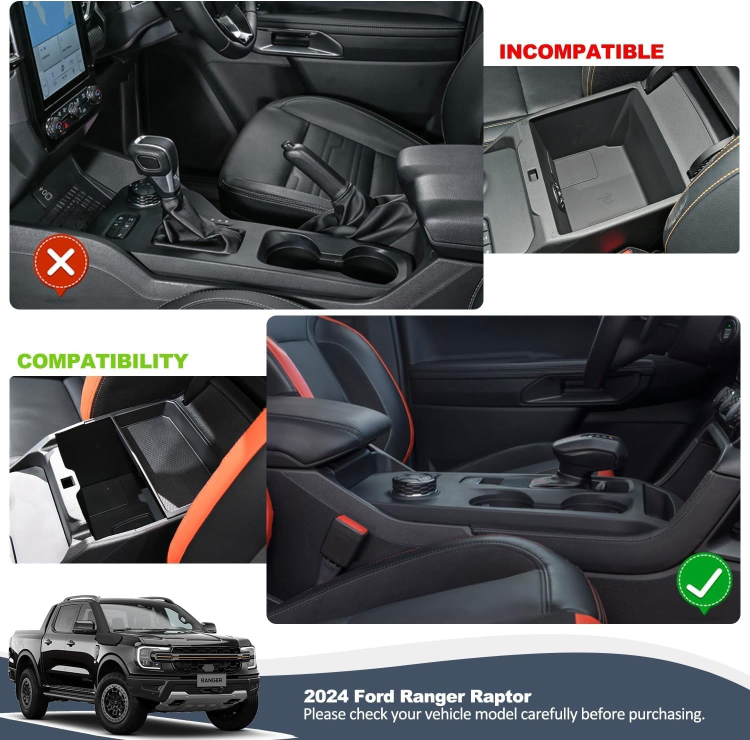 Center Console Organizer for 2024 Ford Ranger Armrest Storage Box Insert Holder Tray Interior Organizer Accessories for Ford Ranger & Raptor & Wildtrak (Electric Handbrake Version) image number 4