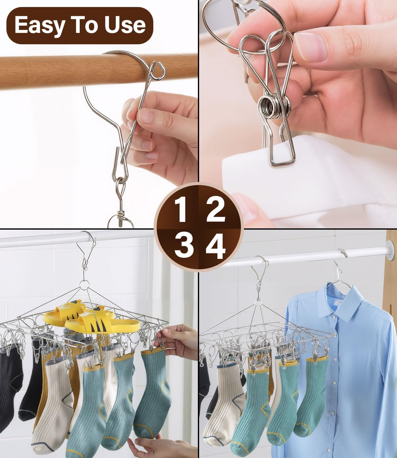 Stainless Steel Clothes Drying Rack - 40 Pegs Folding Sock Dryer with Clips Windproof Hook for Sock, Drying Bras, Lingerie, Clothes, Towels, Scarves, Underwear Hanger for Washing Line Accessories image number 4