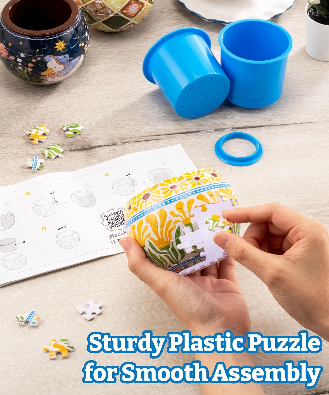 Piecerelax 3D Puzzle Planter - Smart - Happy Reading - Small round Plant Pots with Drainage, Home Decor Flower Pots for Indoor Cactus, Succulents Pots [K1102] image number 6