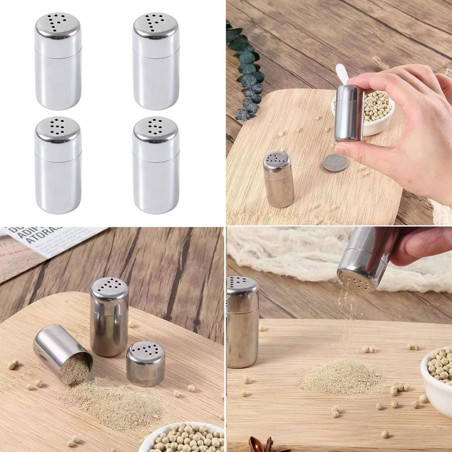 Mini Salt Shakers Small for on the Go 5 Ml Salt and Pepper Shakers, 4Pcs Stainless Steel Mini Salt and Pepper Shakers,Stainless Steel Salt Shakers 5 Ml Spice Shakers,Stainless Steel Mini Salt Shakers image number 4