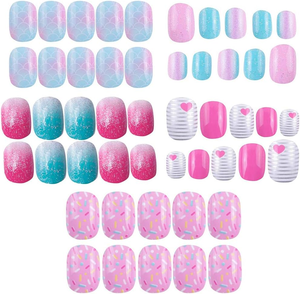 120 Pcs 5 Pack Children Nails Full Cover False Nail Kits Glitter Gradient Color Short Great image number 1