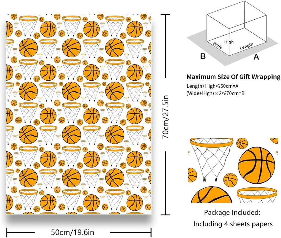 Basketball Wrapping Paper for Men Women, Large & Small Basketballs/Hoops Patterns on White Art Paper - Sports Theme Design for Basketball Player Kids Boys Girls Birthday Party Match Gift Wrap Paper