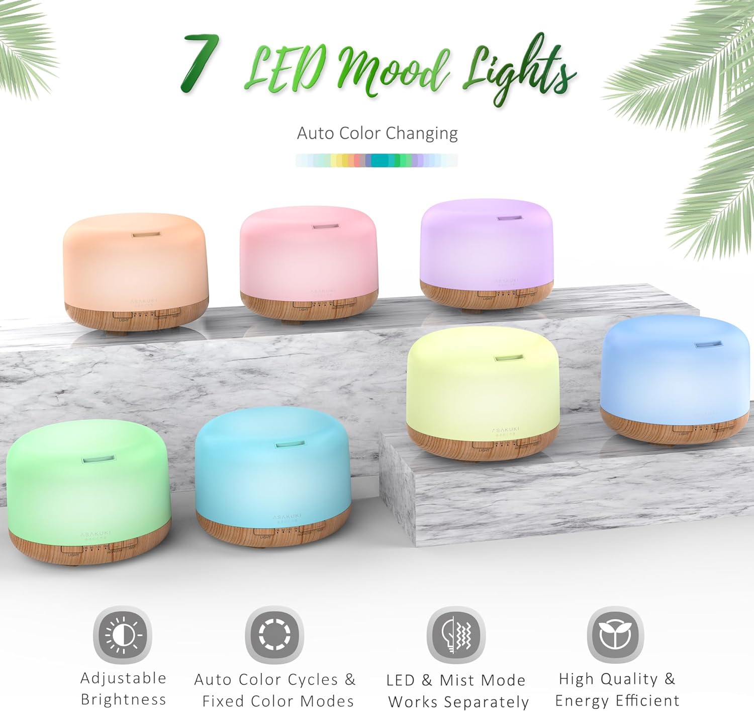 ASAKUKI Essential Oil Diffuser with Essential Oils Set, 500Ml Aromatherapy Diffuser - 14 LED Colors & Auto Shut-Off, Top 6 Essential Oils - Lavender Eucalyptus Tea Tree Orange Peppermint Lemongrass image number 6