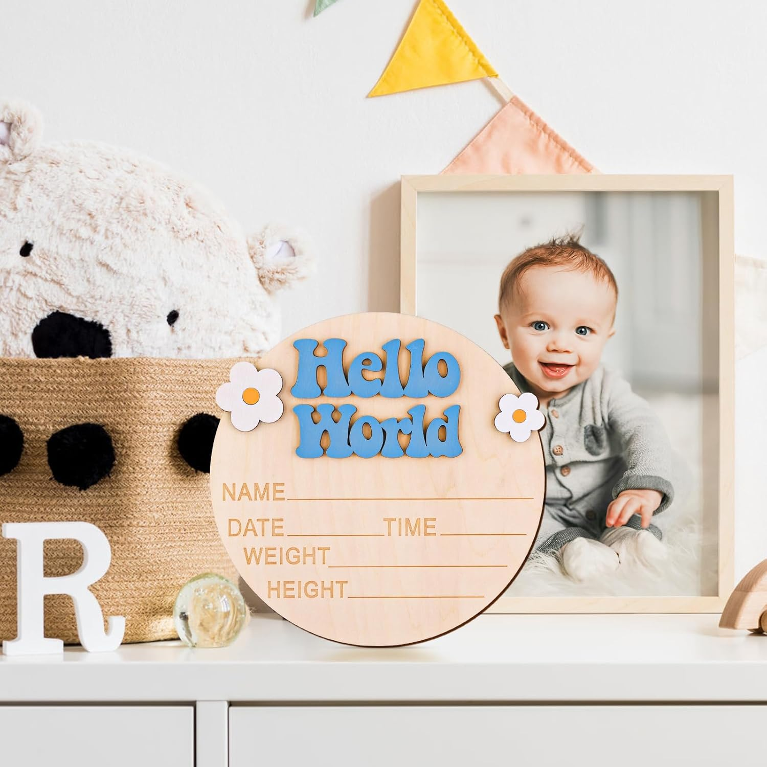 Wooden Baby Announcement Sign, 5.91 Inch Cute Hello World Newborn Sign with Flower Decor, New Baby Plaque Birth Announcement Sign for Hospital New Parents Baby Shower image number 1