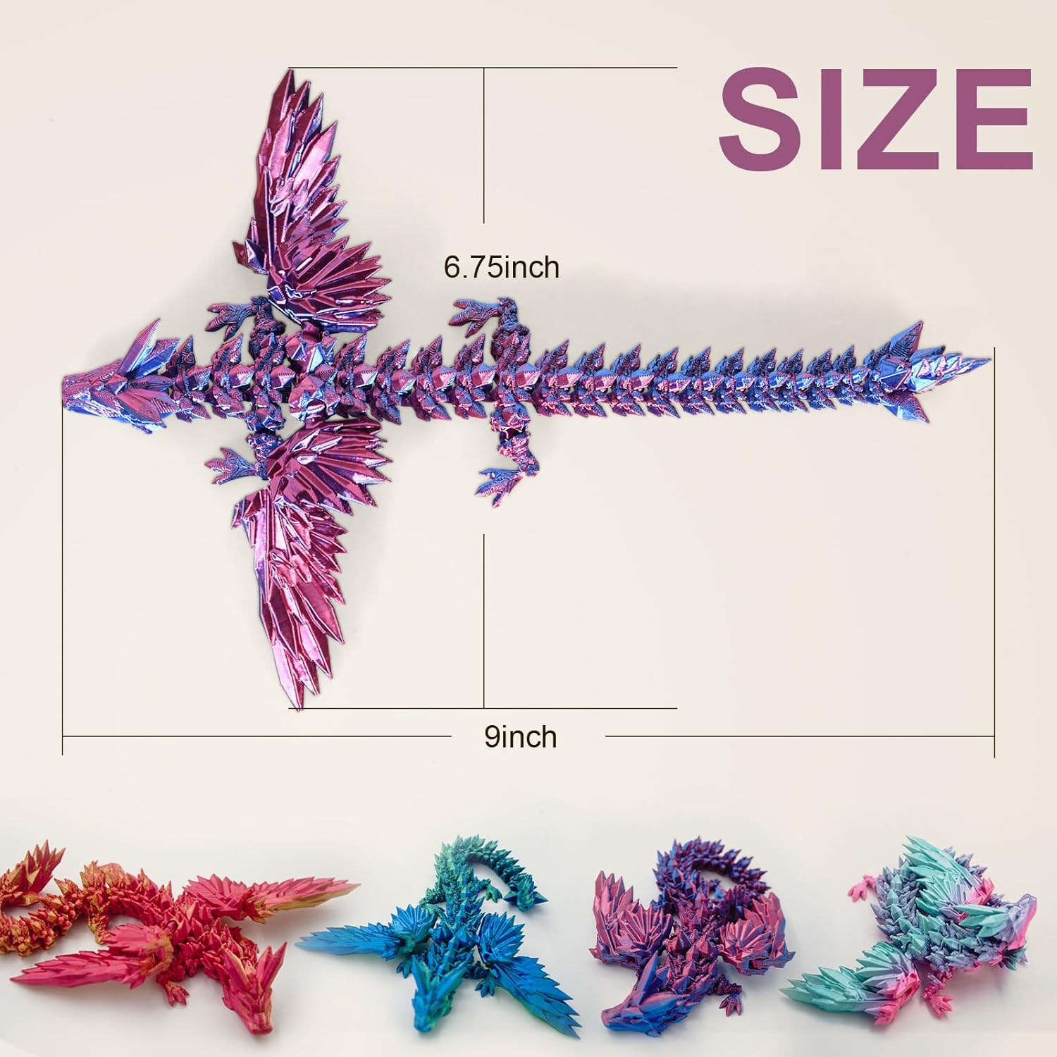 3D Printed Articulated Dragon with Wings - 9" Purple Winged Dragon for Home Office Decor and Executive Desk Toys
