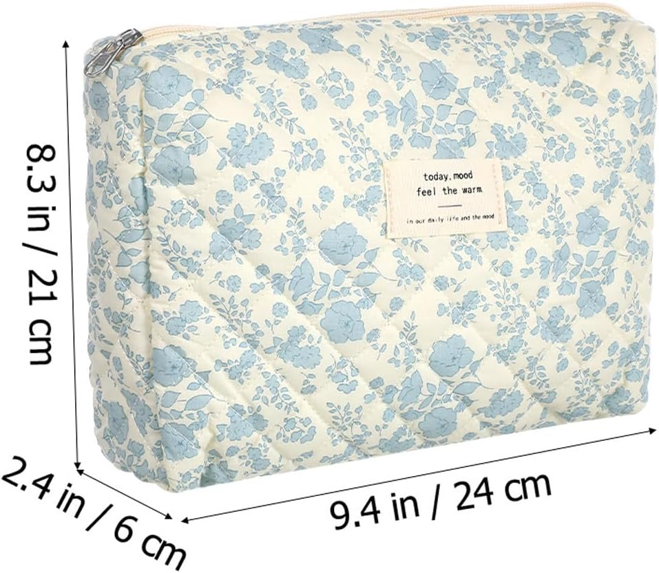 Portable Cotton Quilted Makeup Bag Set for Women, 3Pcs Travel Toiletry Organizer with Zipper, Floral Print Vanity Pouch for Bathroom and Travel Use image number 1