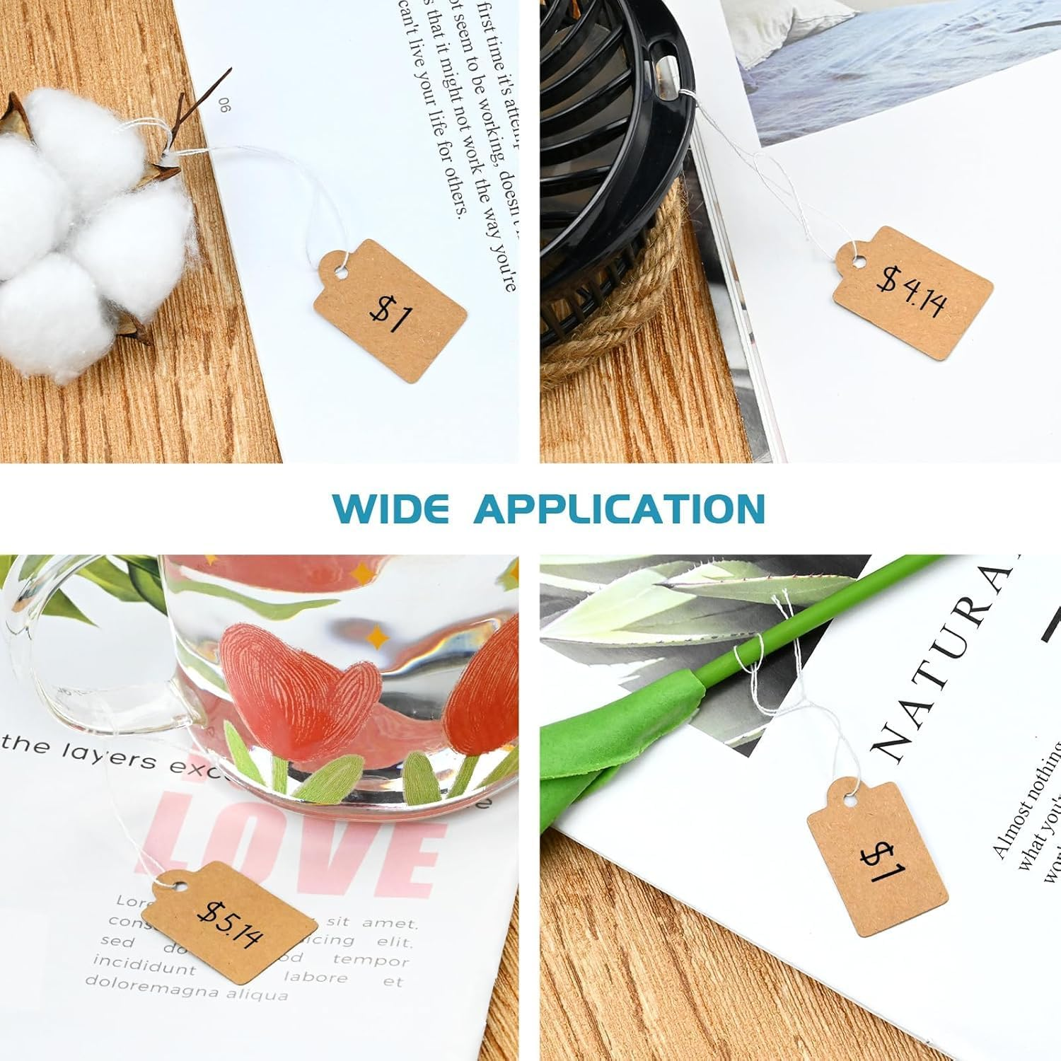 Price Tags with String, WADY 300 Pieces Kraft Paper Tie on Labels, Brown Marking Writable Tags Display Label, Tags with String Jewellery Strung Price Tags for Display Clothes Jewelry Gift (25X15Mm) image number 1