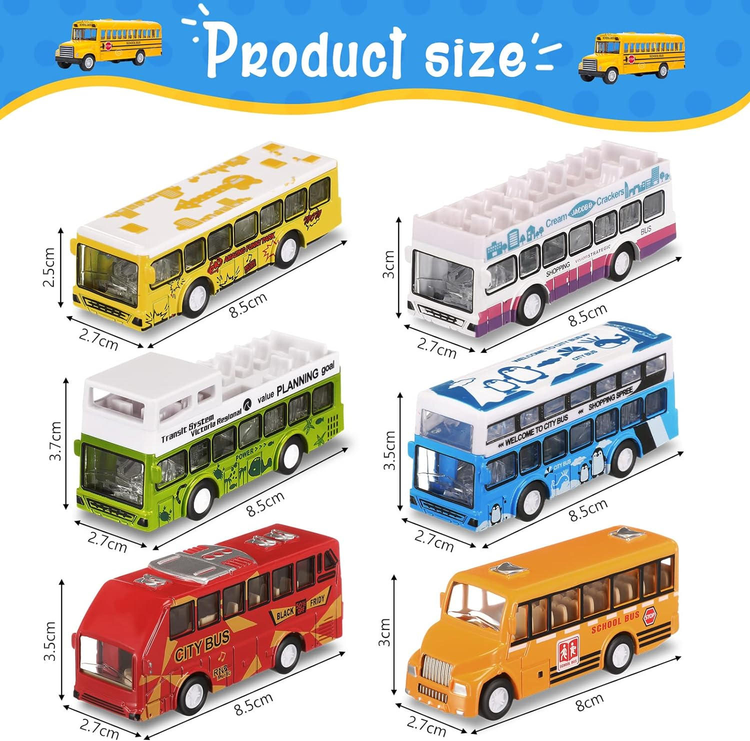 6 Pcs School Bus Toy Bus Toys Cars Set Toy Bus Die Cast Metal Cars City Bus Double Decker Friction Powered Cars Play Toys Gift Play Vehicle with Opening Doors, 6 Styles image number 1