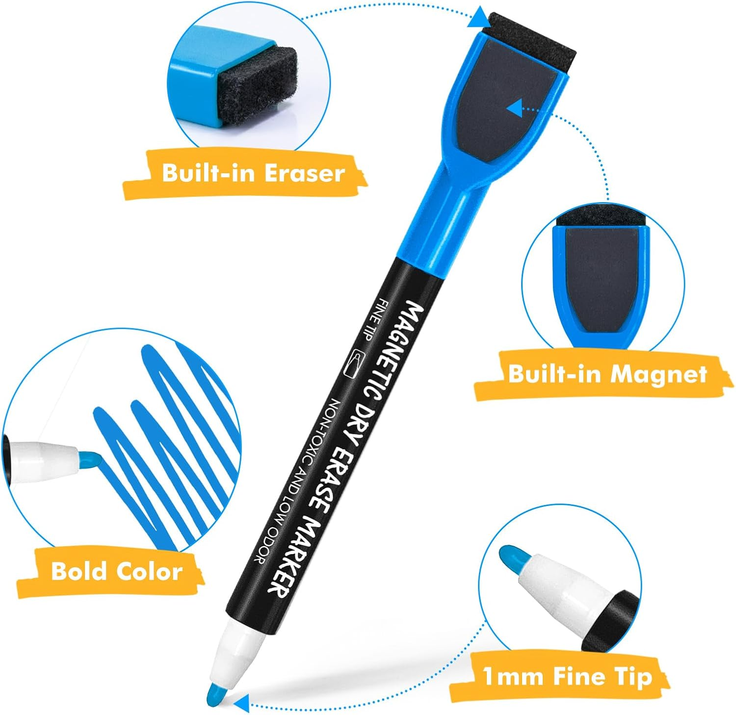 Maxtek Whiteboard Pens Magentic, Fine Tip Dry Wipe Pens, Assorted Colours, White Board Markers Erasable with Eraser, Low Odour Thin Whiteboard Pens image number 6