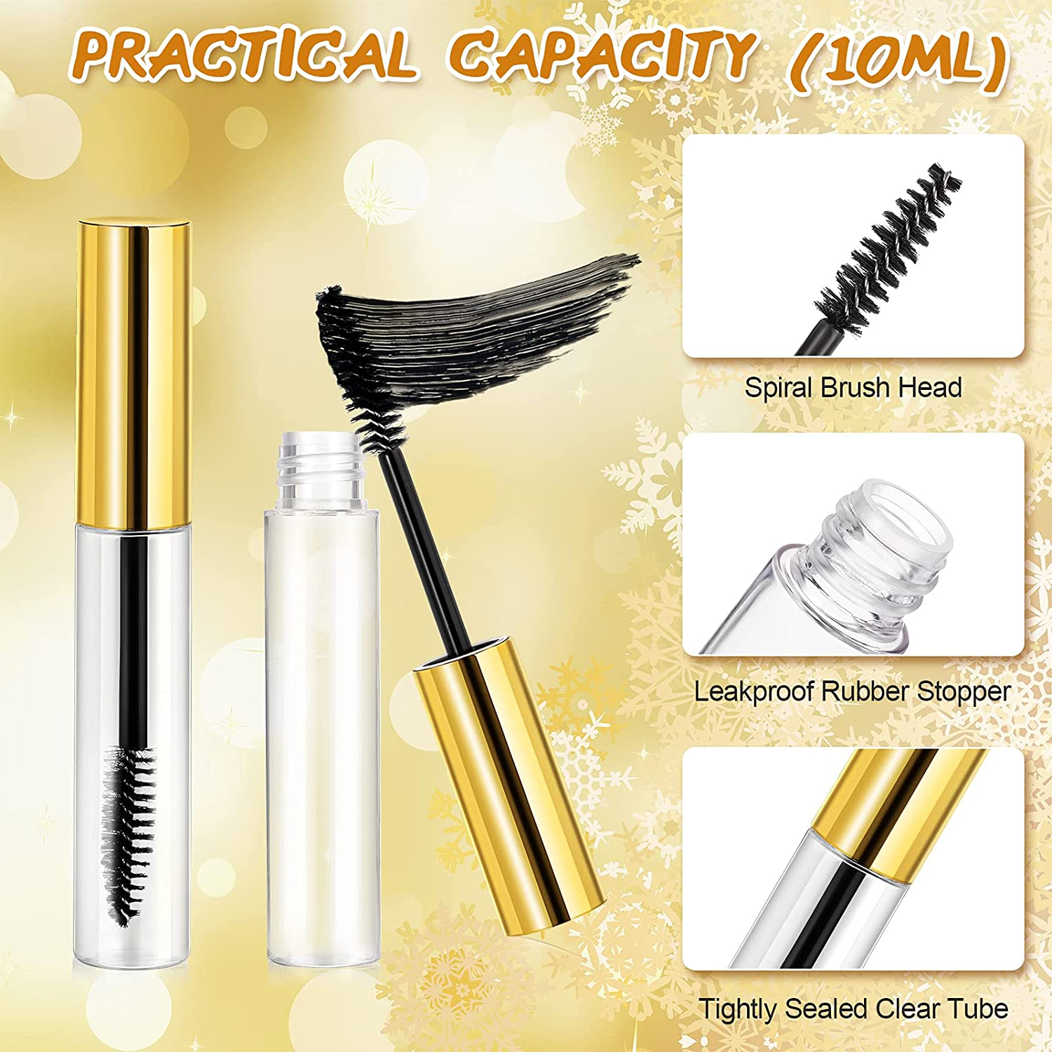 40 Pieces 10 Ml Empty Mascara Tubes Eyelash Wand Refillable Clear Bottles Eyelash Cream Container Bottle with 4 Pieces Transparent Funnels Transferring Castor Oil for DIY Cosmetics (Golden)