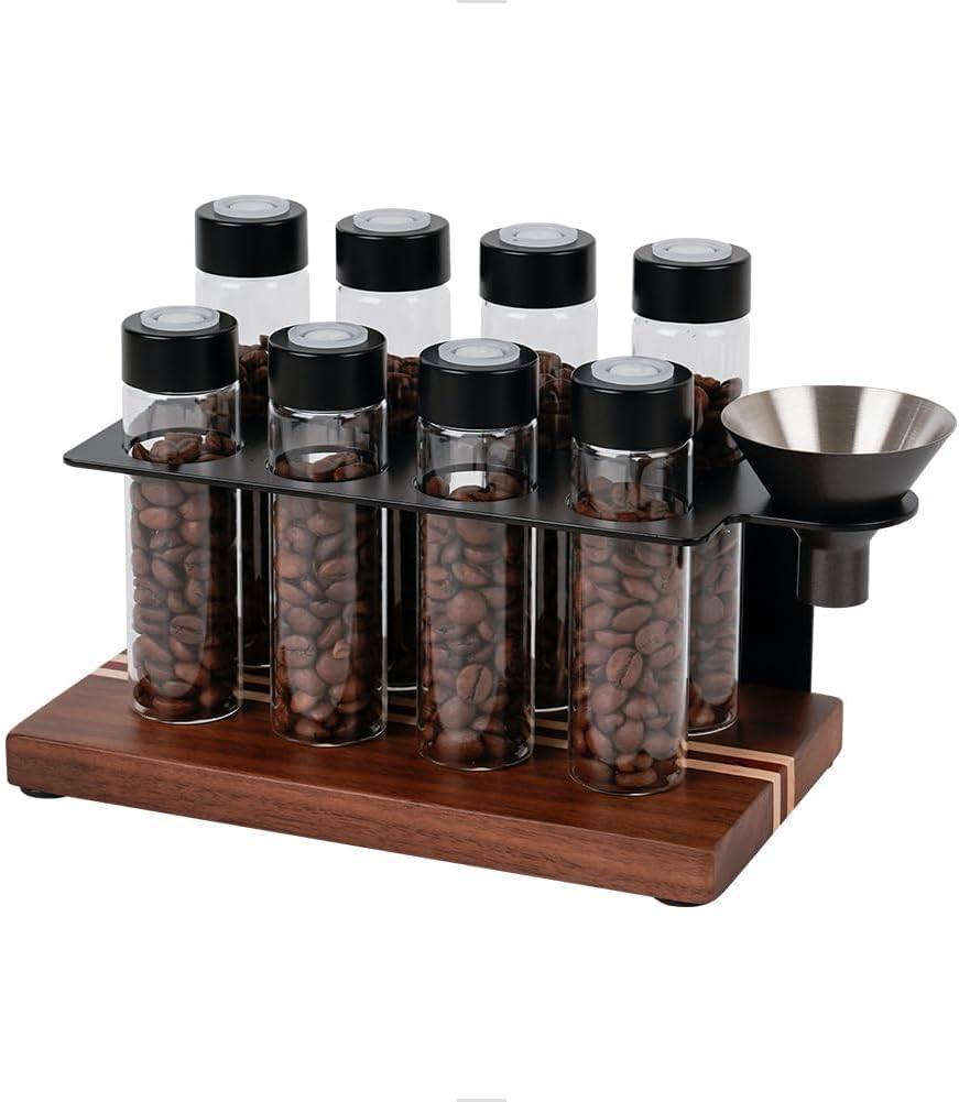 Watchget Coffee Bean Storage with Hopper Woodern Display Rack with 8 Single Dose Coffee Bean Storage Tubes with One-Way Exhaust Valve,B