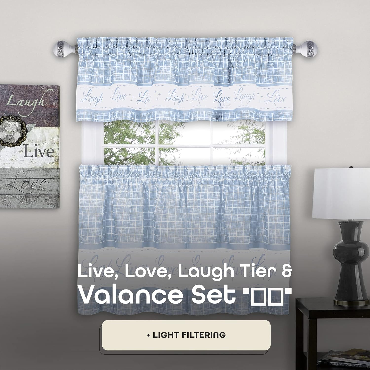 Tier and Valance Window Curtain Set - 58 Inch Width, 36 Inch Length - Live, Love, Laugh (Light Blue) - Light Filtering Drapes for Kitchen, Bedroom, Living & Dining Room by Achim Home Decor image number 6