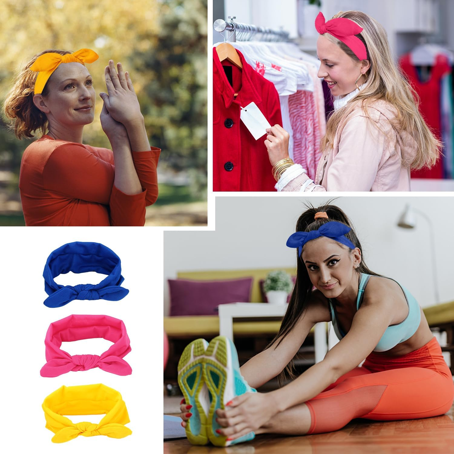 Nyxseat Women'S Accessories, Pack of 3 Rabbit Ear Headbands, Cute Headbands, Polyester, Suitable for Birthdays, Meetings with Friends, Everyday Wear (Rose Red, Royal Blue, Yellow) (20 X 8 Cm)