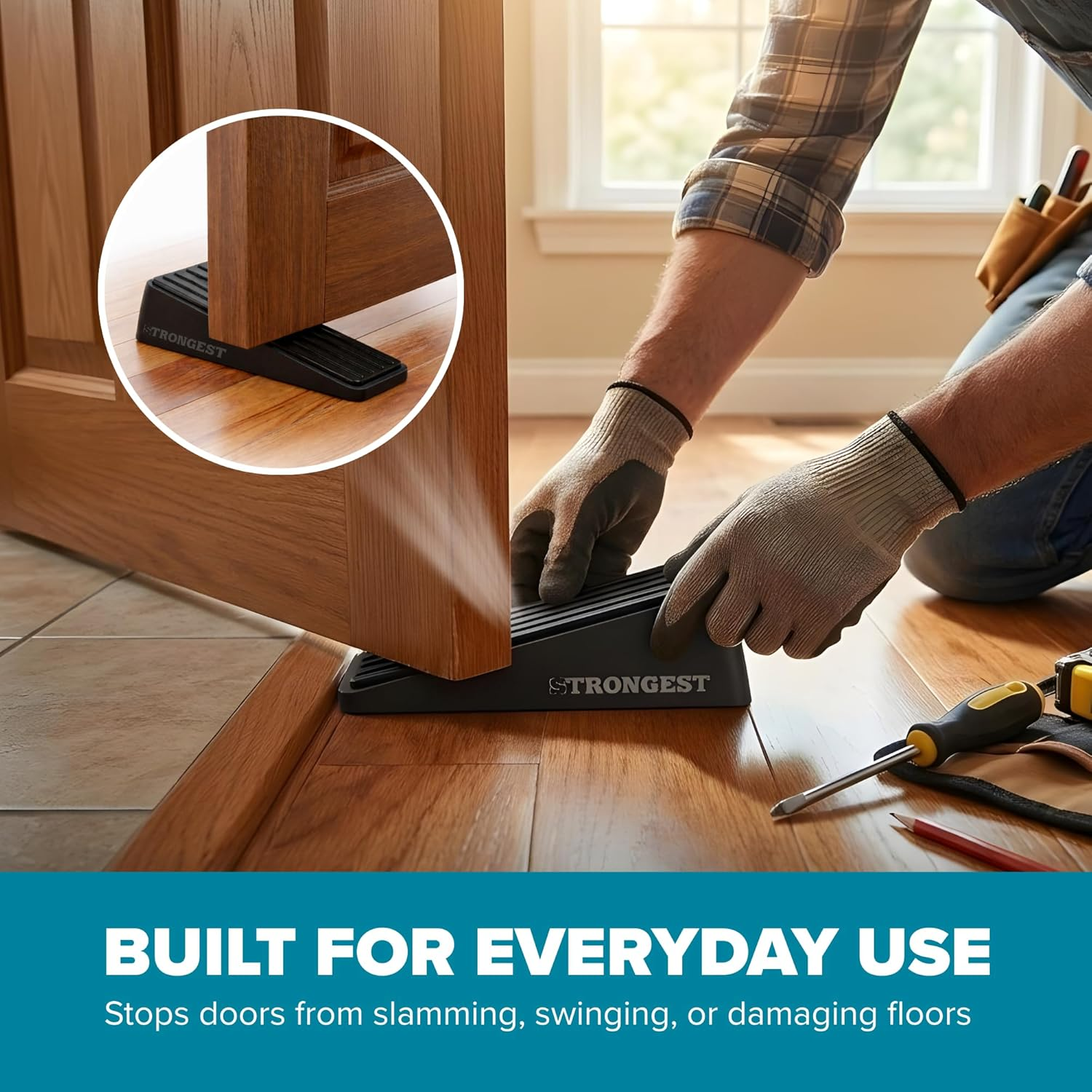 Strongest Door Stopper, Heavy Duty Door Stop Wedge Made of Premium Quality Zinc and Rubber Suits Any Door,Any Floor. Set of 2 plus Bonus Self Adhesive Wall Protectors (Black, 2 Pack) image number 6