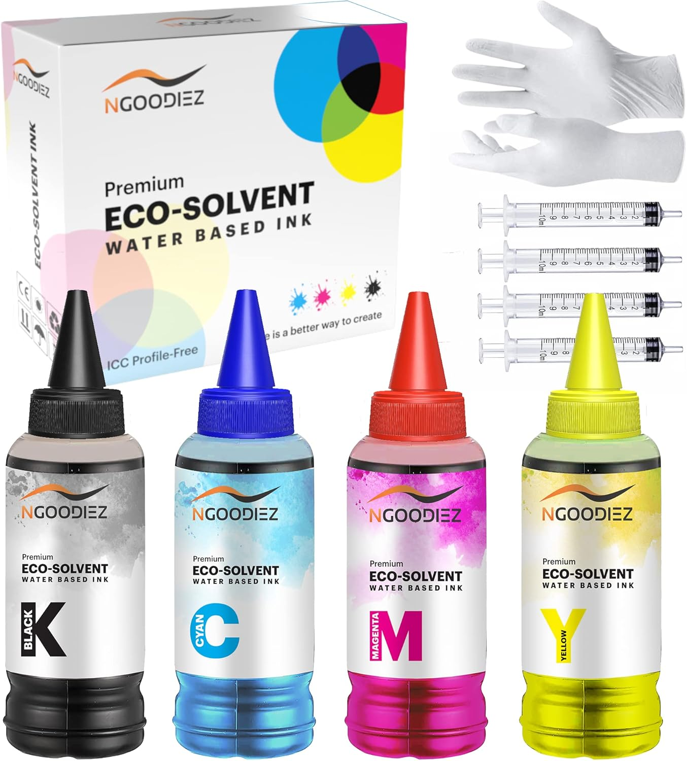 NGOODIEZ Eco Solvent Ink - Water Based Printer Ink, Fast Drying Refill Ink Bottle for Epson Ecotank, & WF Series Printers - Ideal for HTV, Vinyl Stickers, Decals, T-Shirts, Mugs (1B/1C/1Y/1M, 400Ml) image number 3