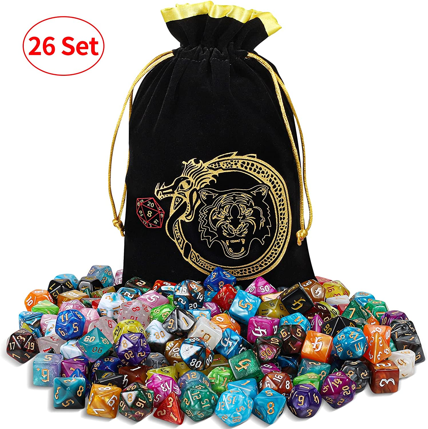 DND Dice Sets - 26 X 7 Polyhedral Dice (182Pcs) with a Large Drawstring Bag Great for Dungeons and Dragons, Role Playing Table Game image number 3