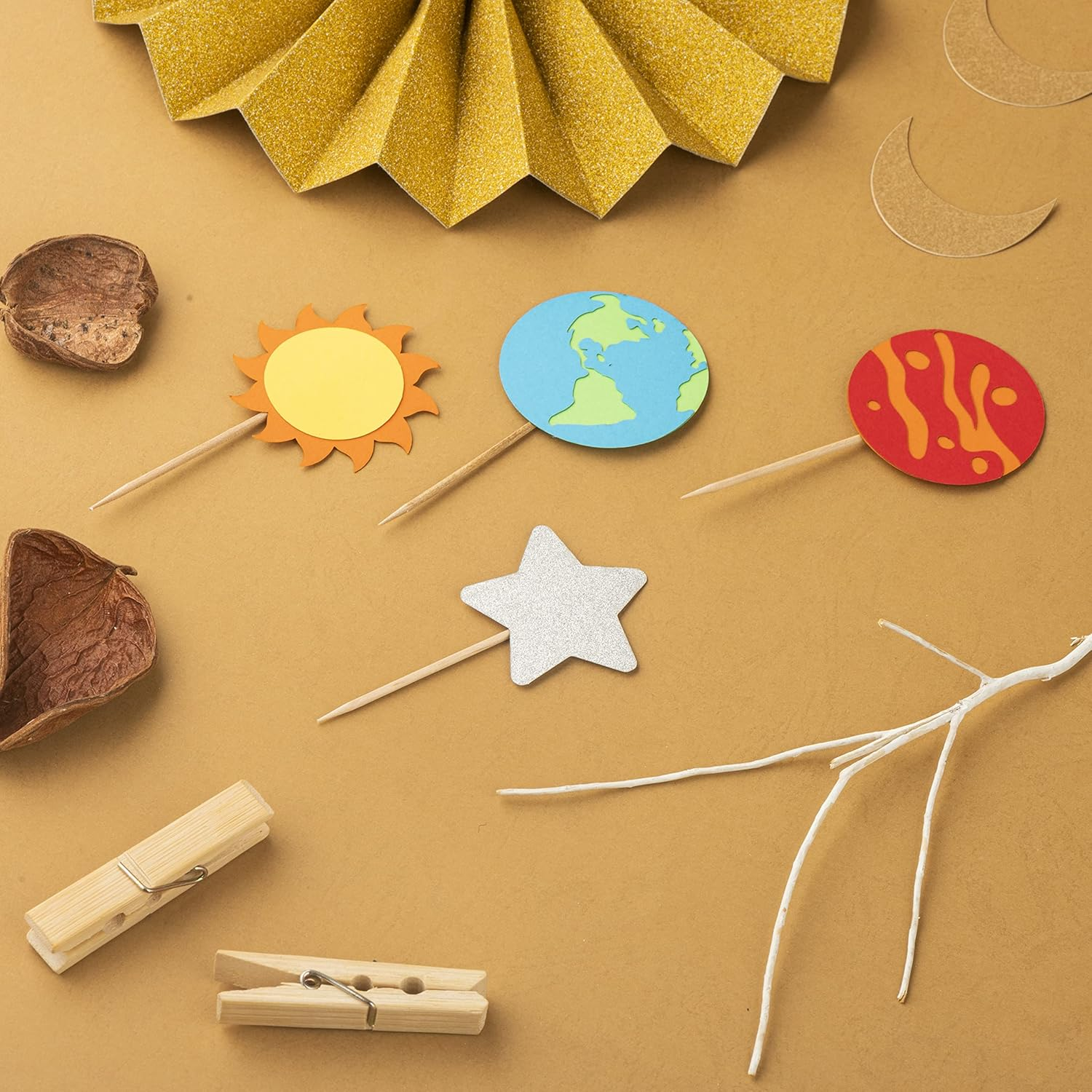 Confetti! 14 Pack Space Astronaut Cupcake Toppers Planet Rocket Spaceship Trip to the Moon Star Cupcake Food Picks Universe Outer Space Theme Baby Shower Kids Birthday Party Cake Decorations image number 4