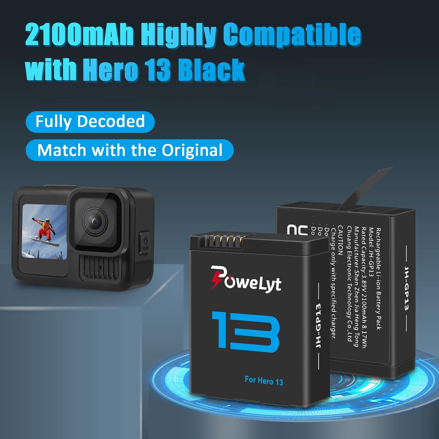 2-Pack Hero 13 Batteries 2100Mah Rechargeable Enduro Battery Supports up to 180 Minutes of Battery Life Fully Compatible with Hero 13 Black image number 6