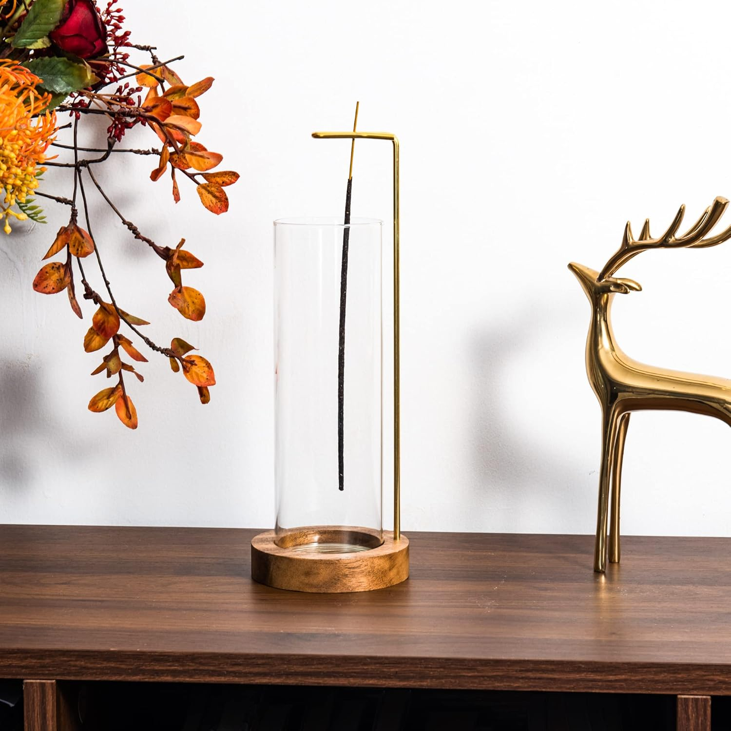 IMEEA Incense Holder for Sticks Wooden Incense Burner with Glass Ash Catcher & Brass Incense Stick Holder for Home Decor Yoga Spa Meditation (Round)