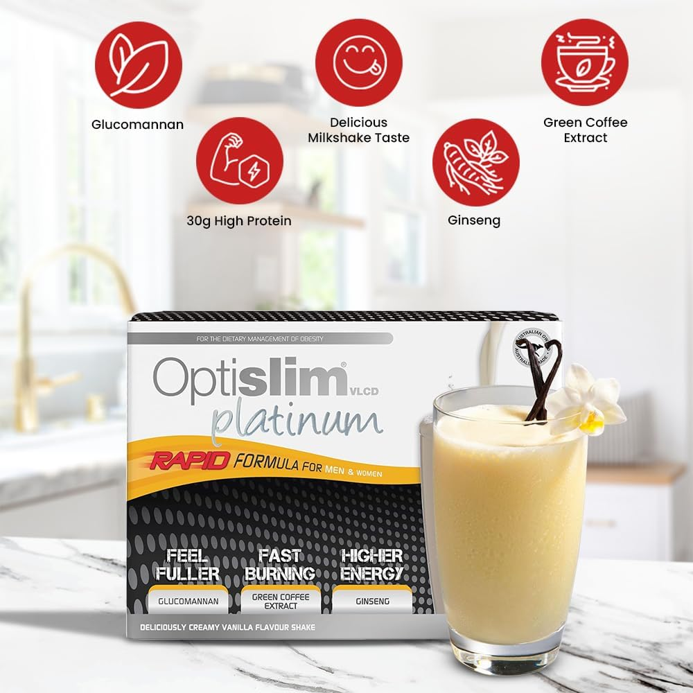 Optislim VLCD Platinum Shake, Meal Replacement, Formulated for Accelerated Weight Loss, with 10G High Protein and Ginseng, 25 Vitamins and Minerals per Serving - Vanilla Flavour - 21 X 25G Sachet image number 6
