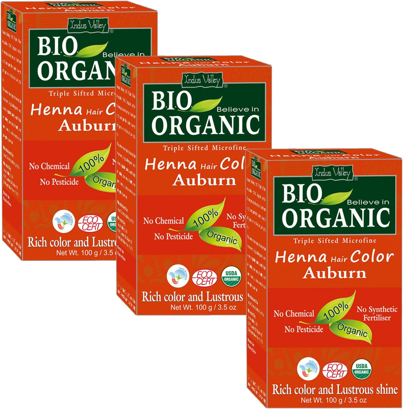 Indus Valley 100% Chemicals Free Natural Organic Triple Sifted Micro Fine Auburn Henna Hair Colour for Controll Dandruff & Scalp Itiching Pack of 3
