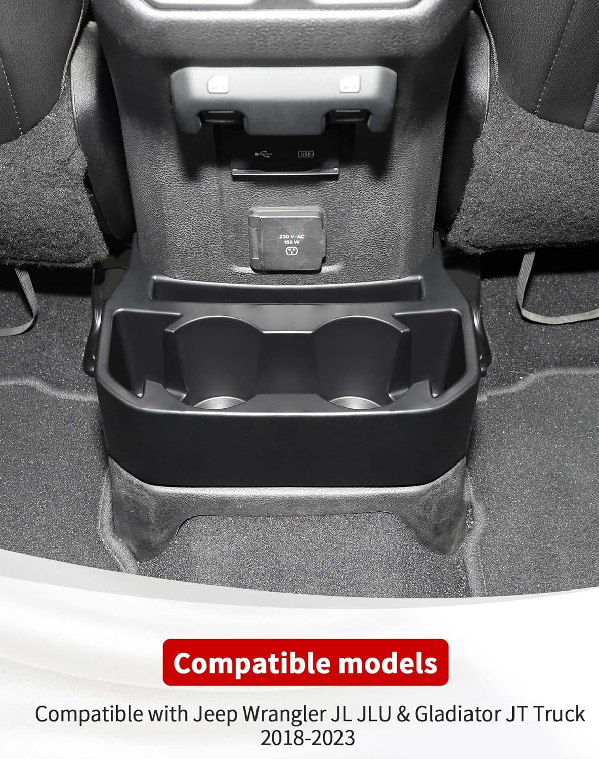 Jecar Backseat Cup Holder Floor Console Mounted Drink Holder Rear Storage Organizer Interior Accessories Compatible with Jeep Wrangler 2018-2023 JL JLU & JT Truck - Black B image number 7
