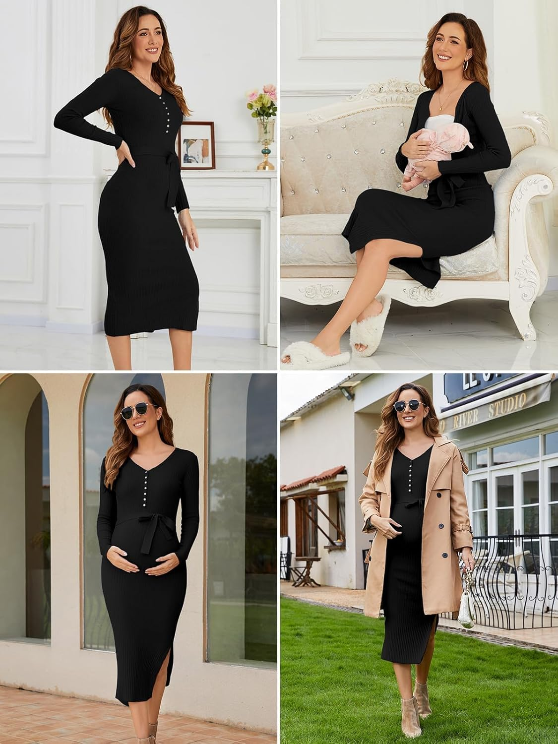 Ecavus Women'S Long Sleeve Maternity Sweater Dress for Baby Shower V Neck Slit Maternity Photoshoot Dress with Belt
