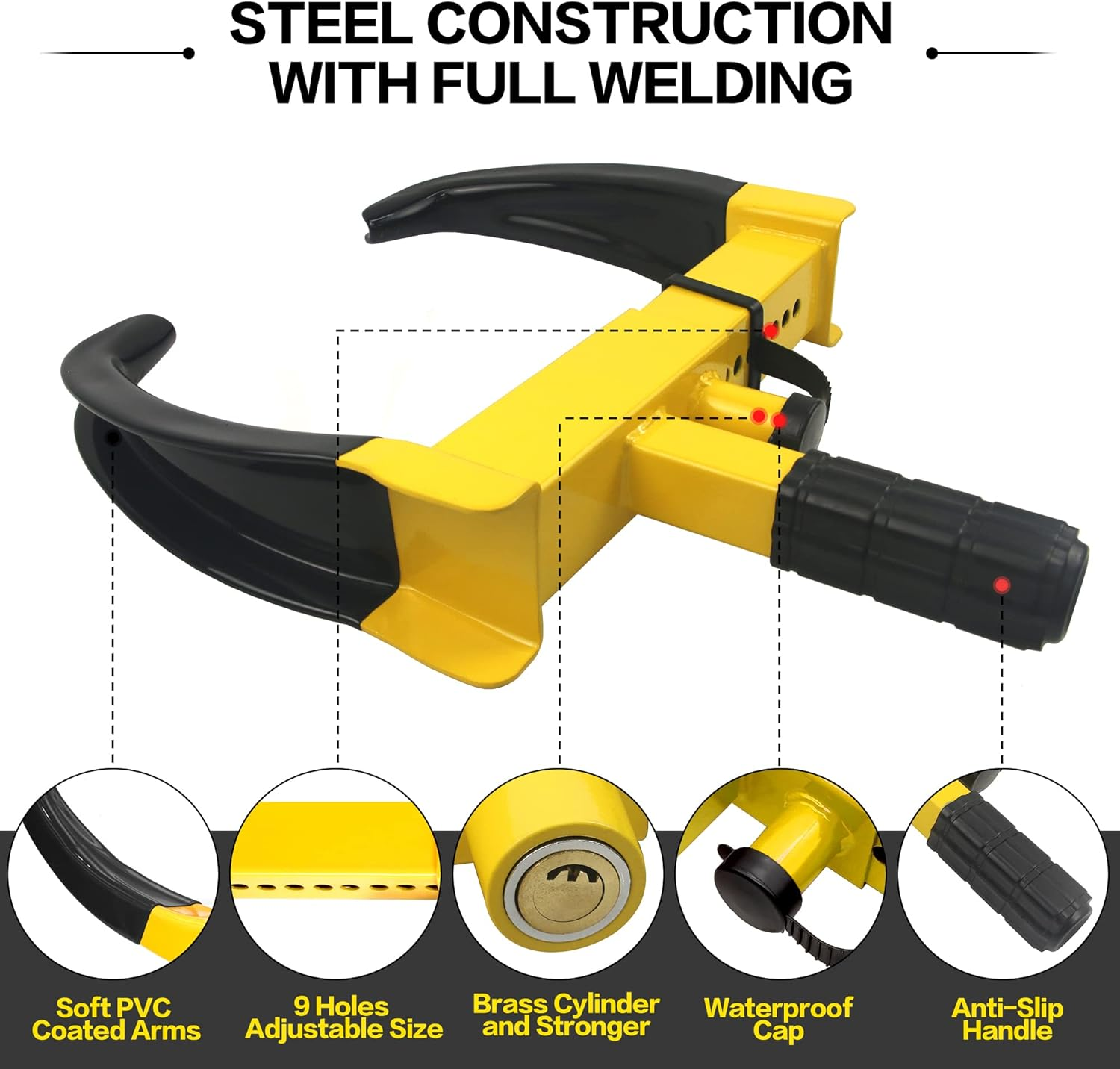 Wheel Clamp Lock Universal Security Tire Lock anti Theft Lock Max 10" Tire Width and 7" Reach for Trailers SUV Boats Atv'S Motorcycles Golf Cart Bright Yellow/Black 2 Keys image number 1