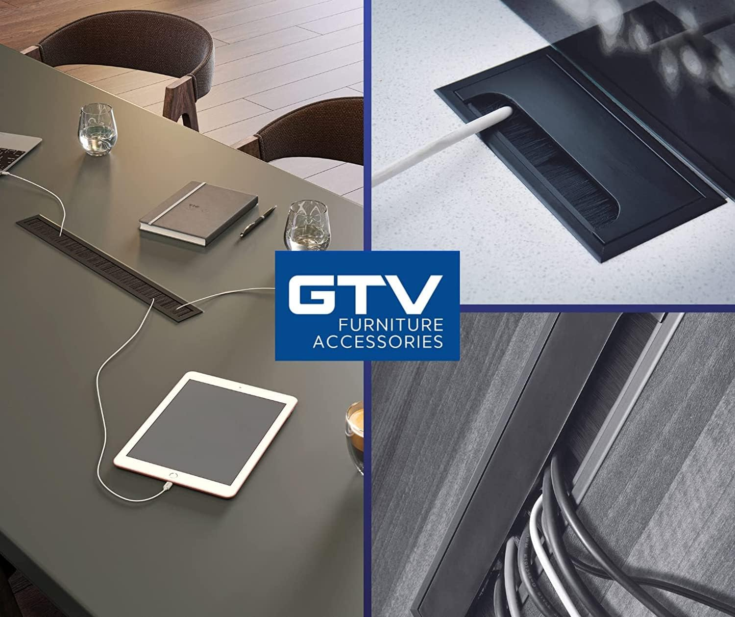 GTV - Merida Cable Grommet - Cable Guide with Opening Lid - Cable Passage Rectangular Cable Organisation for Furniture Cable Passage/For Installation in the Worktop / 80 X 500 Mm/Black image number 1
