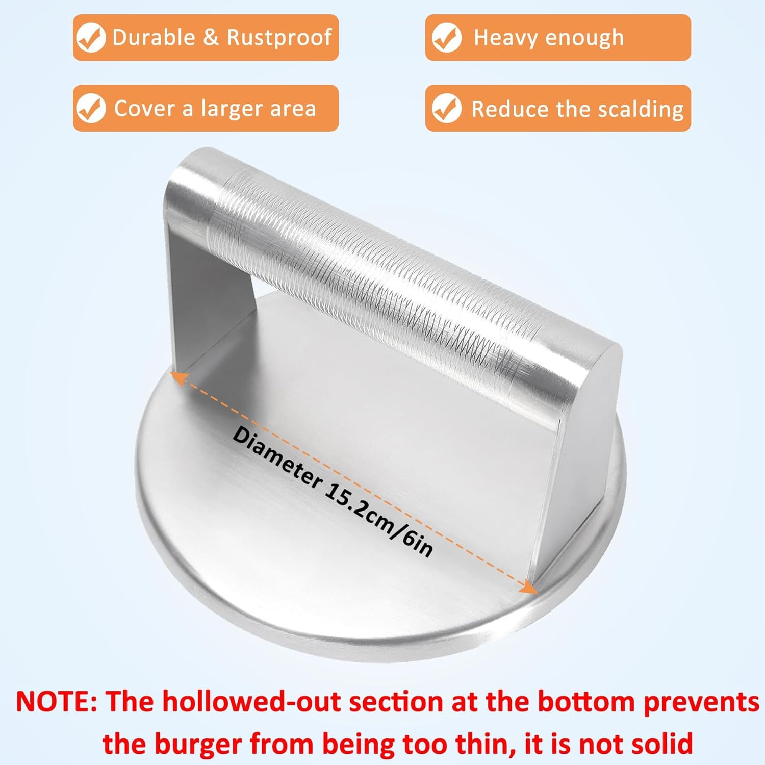 Burger Press Stainless Steel round Heavy-Duty Smash Burger Bacon Press Meat Steak with Anti-Slip Metal Handle for Blackstone, for Weber Grill, Smash Bacon Press, Patty Smasher, Hamburger Smasher Press