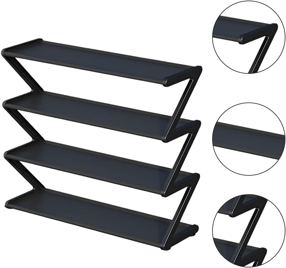 4-Tier Shoe Rack, Stainless Steel Shoe Storage Organizer, Stackable Shoe Tower Free Standing Shoe Shelf for Closet Entryway Balcony Living Room Bedroom (Black) - Black image number 6