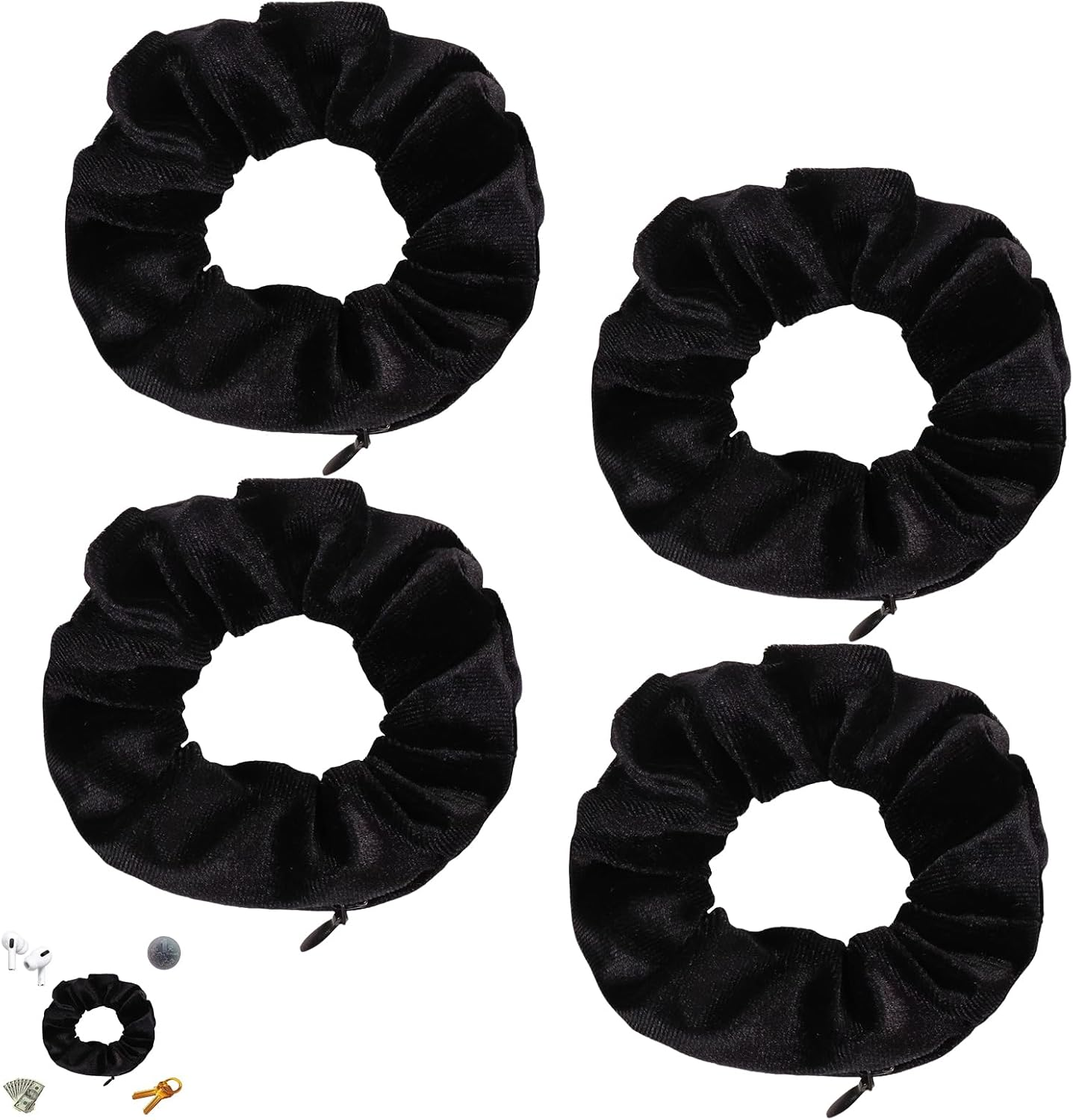 Pack of 4 Black Hair Scrunchies with Zip, Scrunchies Velvet Travel Gadgets for Women, Hair Bobbles with Money Hiding, Valuables Hiding Place, Beach, Hair Bobbles Women'S Velvet Fabric Large For image number 4