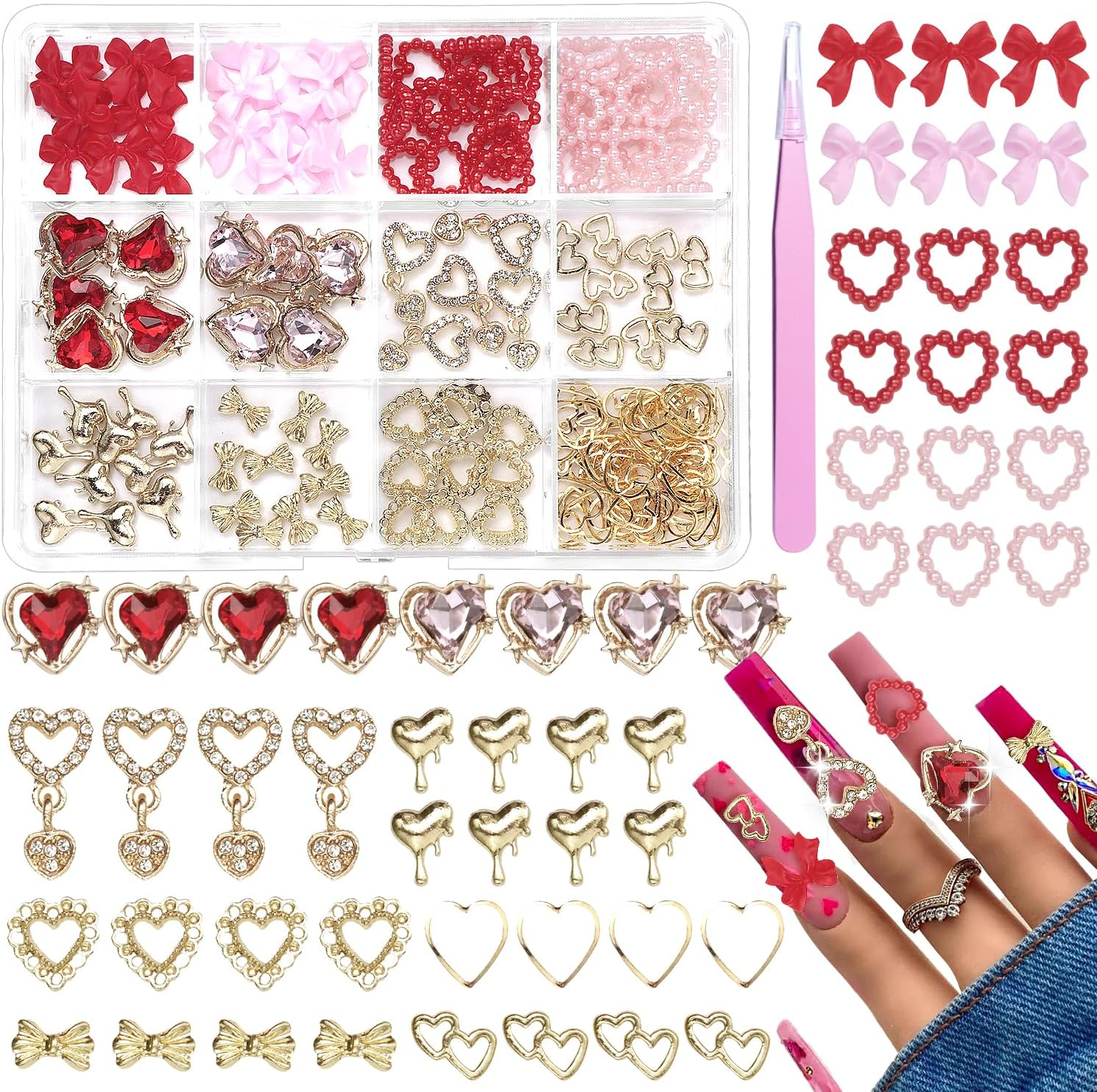 Cynailli 12Pcs 3D Valentine Gold Heart Nail Charms & Gems, Gold Alloy with Red Heart Rhinestones, Pink Heart with Bow Nail Art Supplies image number 3