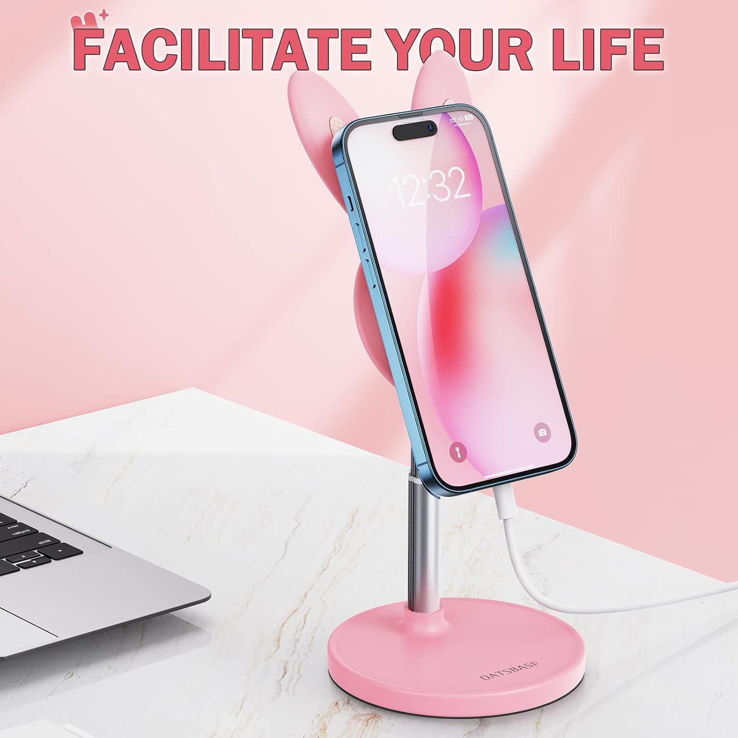 OATSBASF Magnetic Desk Cute Phone Stand for Magsafe, Adjustable Bunny Phone Holder Stand for Iphone 14/13/12, Comes with a Magnetic Patch for All Phones (M-Pink) (TZZJ-P) - Green image number 2