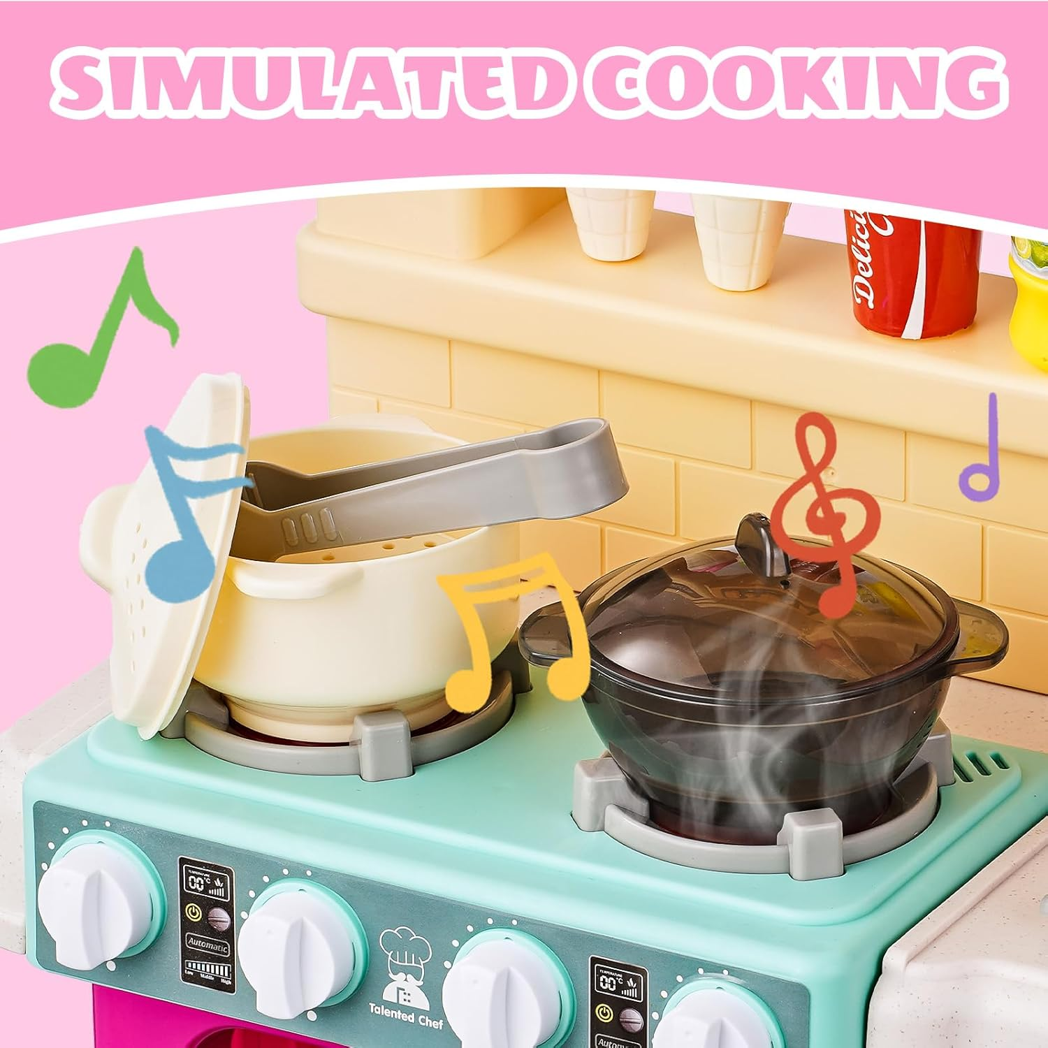 Kids Kitchen Playset with Multiple Accessories, Play Food with Realistic Sound & Light, Cooking Stove with Simulated Steam, Play Kitchen Toy,Kitchen Toy Accessories,Pretend Play Toys for Kids (Purple) image number 2