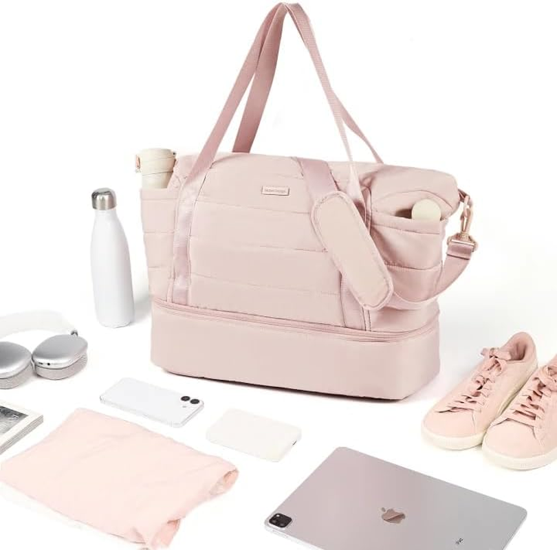 NISHEL Double-Layer Weekender Bags for Women, Personal Item Duffle Bag with Shoes Compartment, Large Capacity Travel Bag, Overnight Luggage Bag with Pocket, Pink image number 2