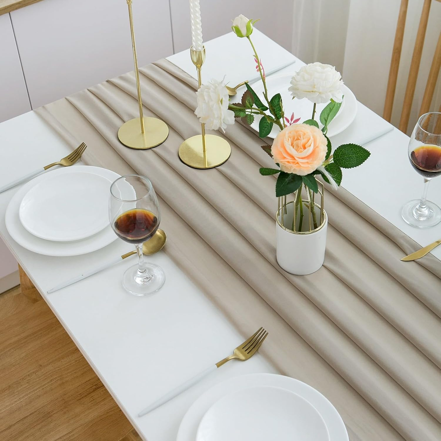 CHUQING Table Runner Wedding Tablecloth Romantic Sheer Table Runners for Bridal Shower Birthday Party Boho Table Decoration, 27X120 Inches,Light Brown - Black-22 image number 4