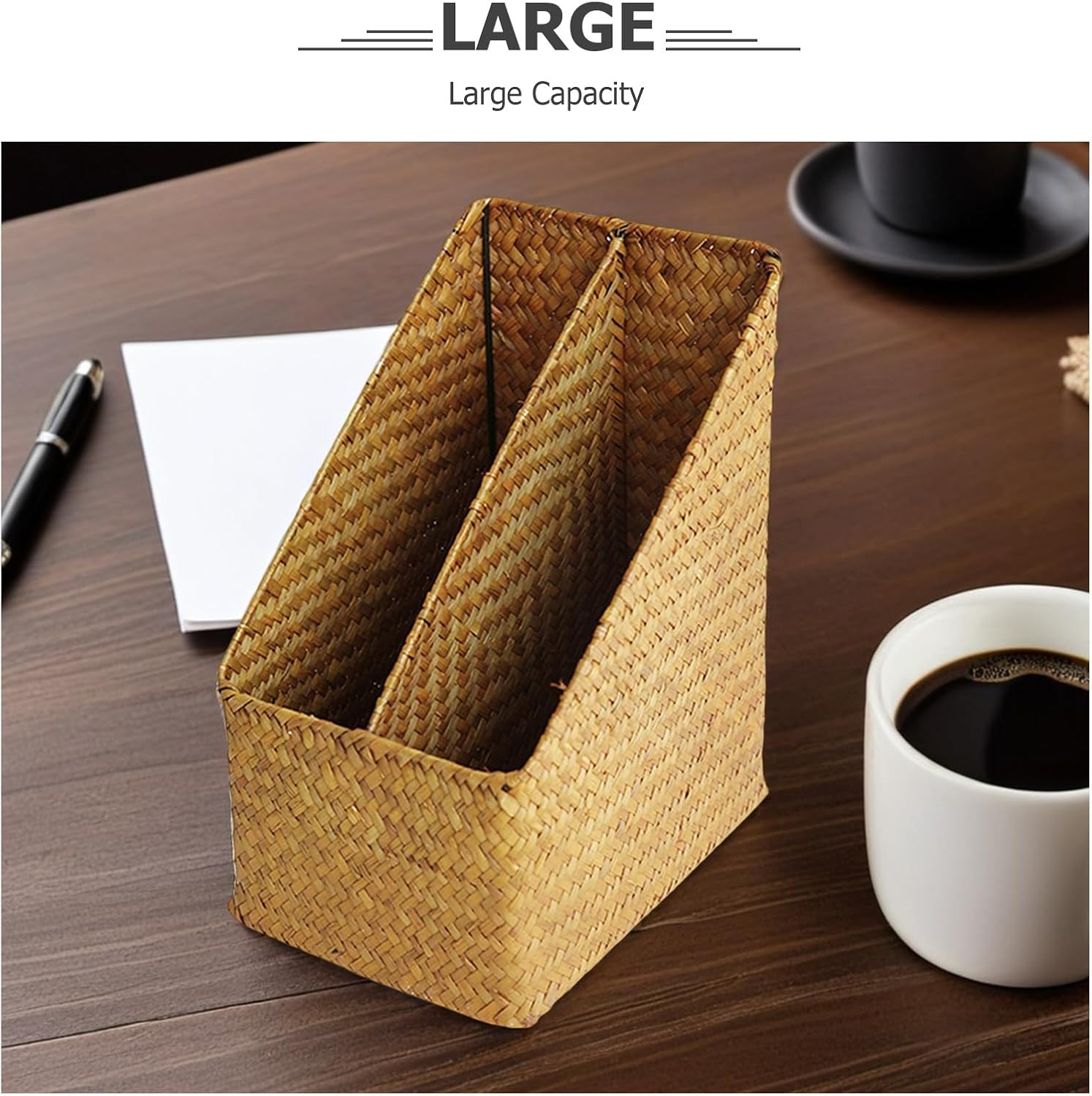 RUNROTOO Hand-Woven Caramel Color Document Organizer Basket for Desktop File Storage and Office Books Holder, Woven Storage Box Suitable for Desk Organization image number 6