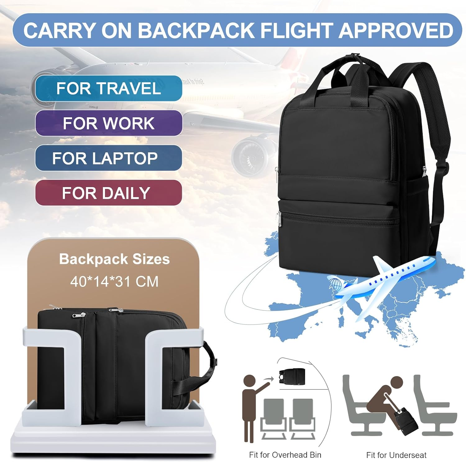 Pakembl Large Travel Backpack for Women Laptop Backpack Men Carry on Backpack Portable Computer Backpacks anti Theft Backpack Casual Daypack Fit 14 Inch Laptop - A02-Black Gold image number 6