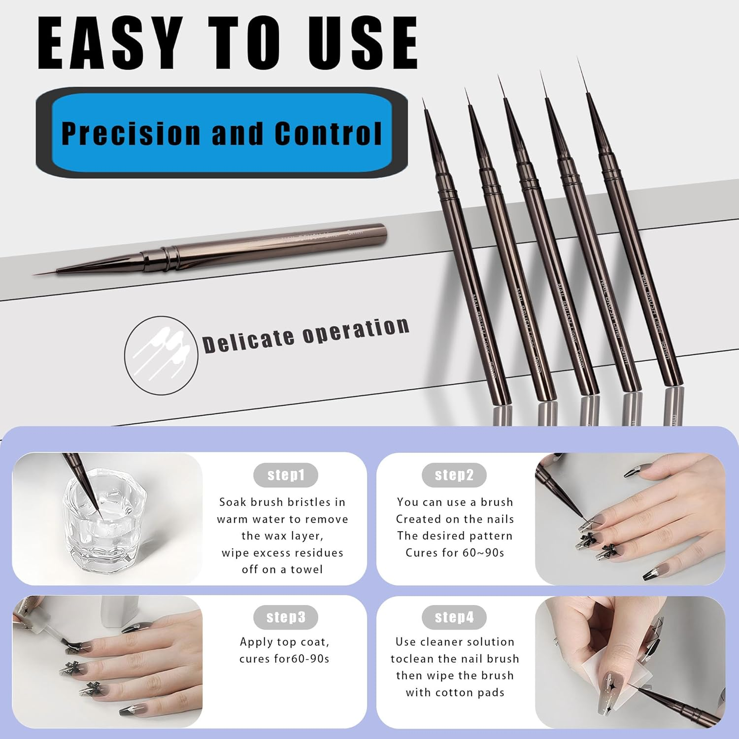 Yakamoz Nail Art Brushes Set, 5PCS Nail Art Liner Brushes 6/9/12/15/18Mm Thin Line Nail Brushes Detail Drawing, Painting Art Design Brush Set for Striping Long Lines Gel Polish