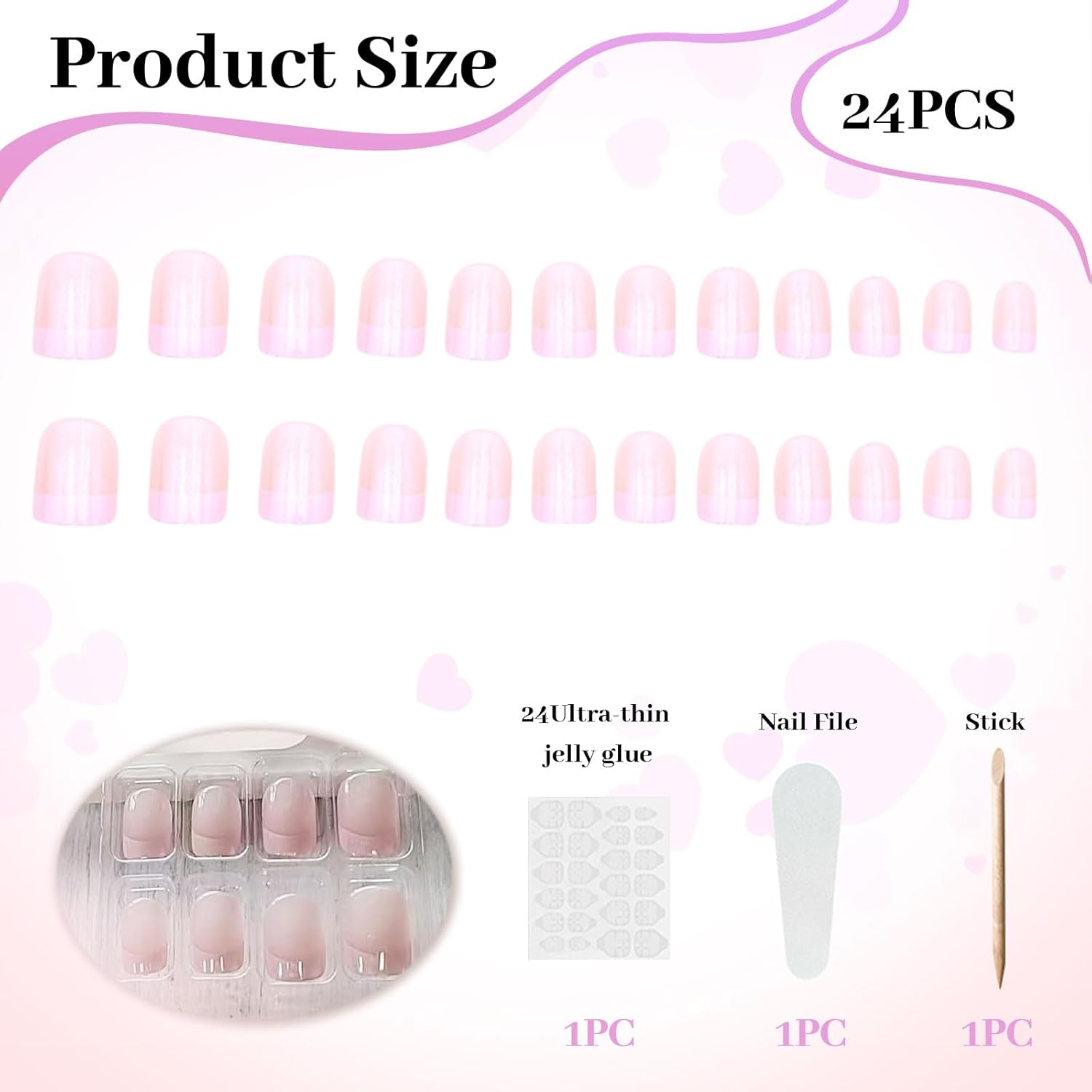 Lunarcharm 24 Pieces French Tip Press-On Nails, Short Square False Nails, Glossy Nude Pink, Reusable Full Cover Artificial Nails image number 2