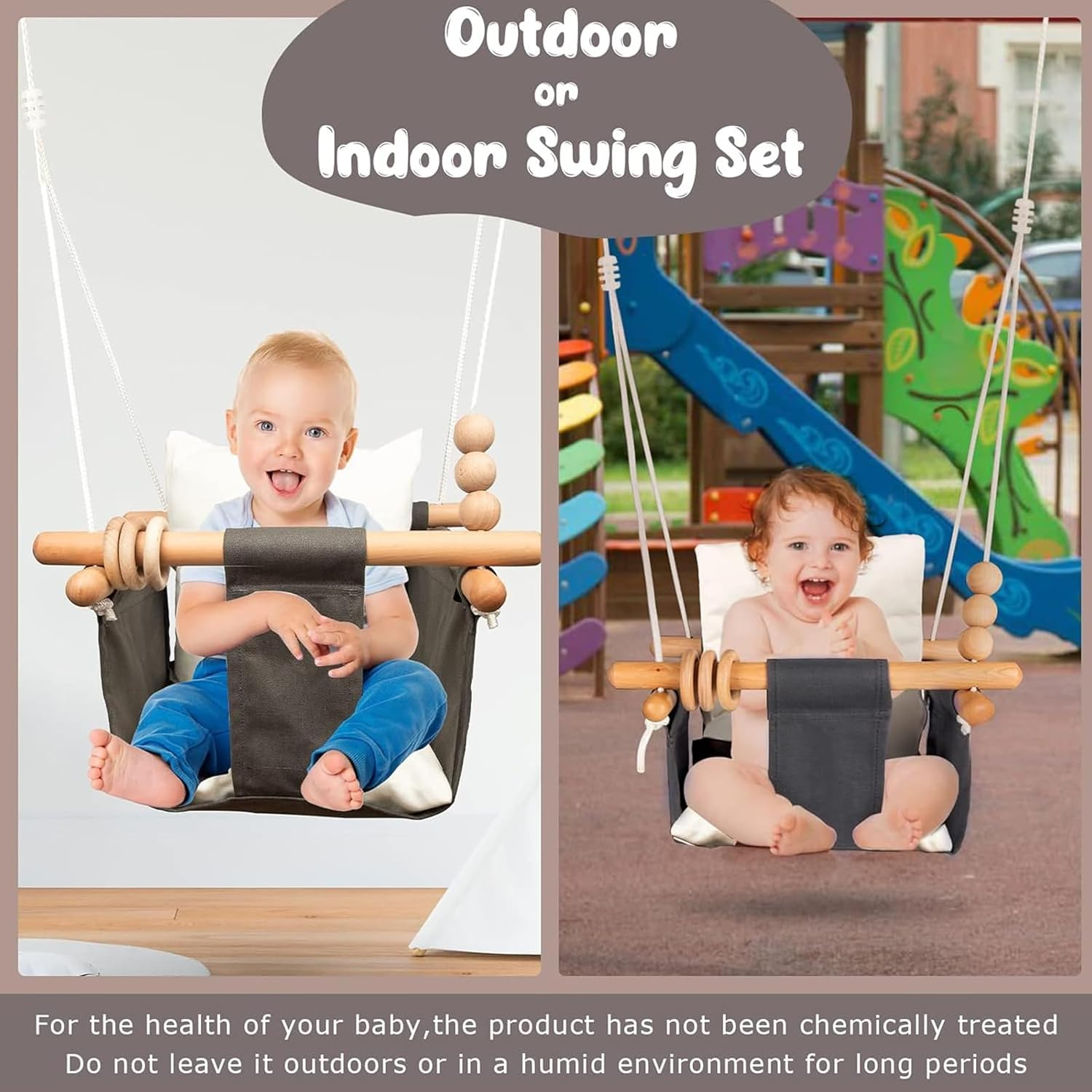 Baby Swing Seat, Visuivit Durable Canvas Hanging Swing for Outdoor/Indoor Use with Canvas Cushion & Safety Belt, Swing Sets for Baby Hammock Toy Backyard (White & Grey) - Grey image number 2