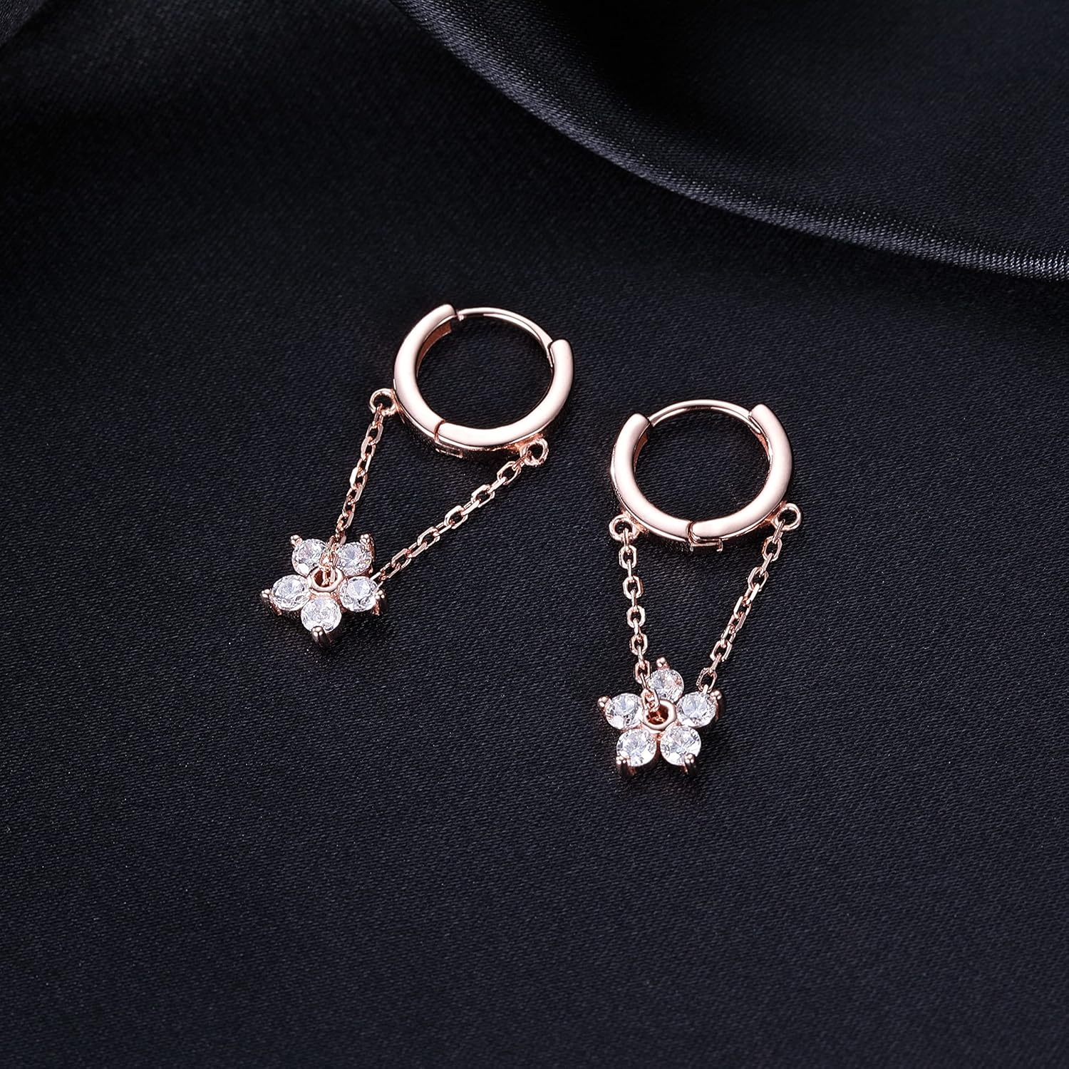 Reffeer Solid 925 Sterling Silver Flower Chain Drop Earrings Hoop for Women Teens Huggie Hoop Dangle Earrings Chain - B-Gold image number 5