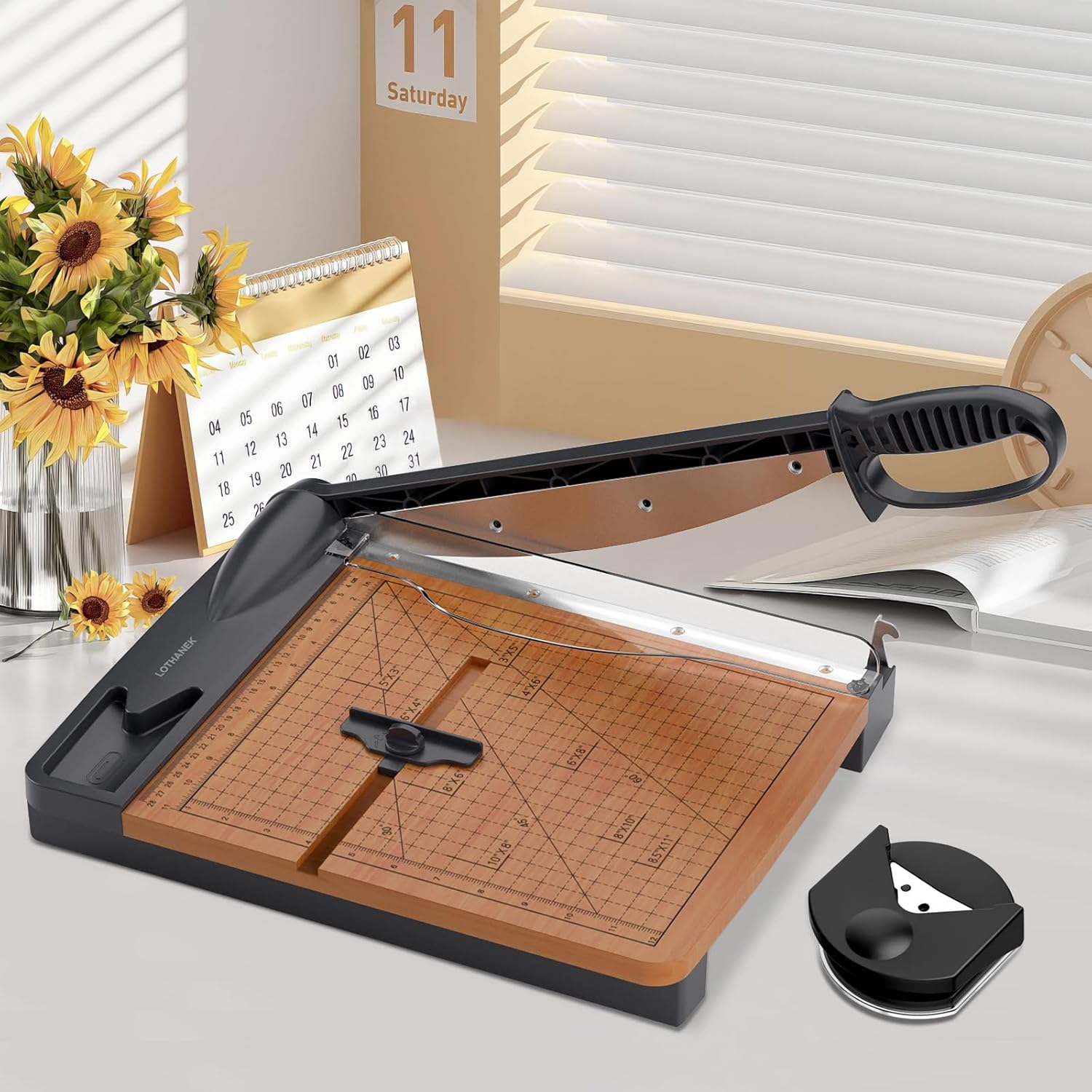 12'' Wood Guillotine Paper Cutter, Heavy Duty Wood Base Paper Trimmer with 32 Sheets Capacity Paper Cutting Board for Classroom, Crafting, Cardstock, Art Projects image number 6