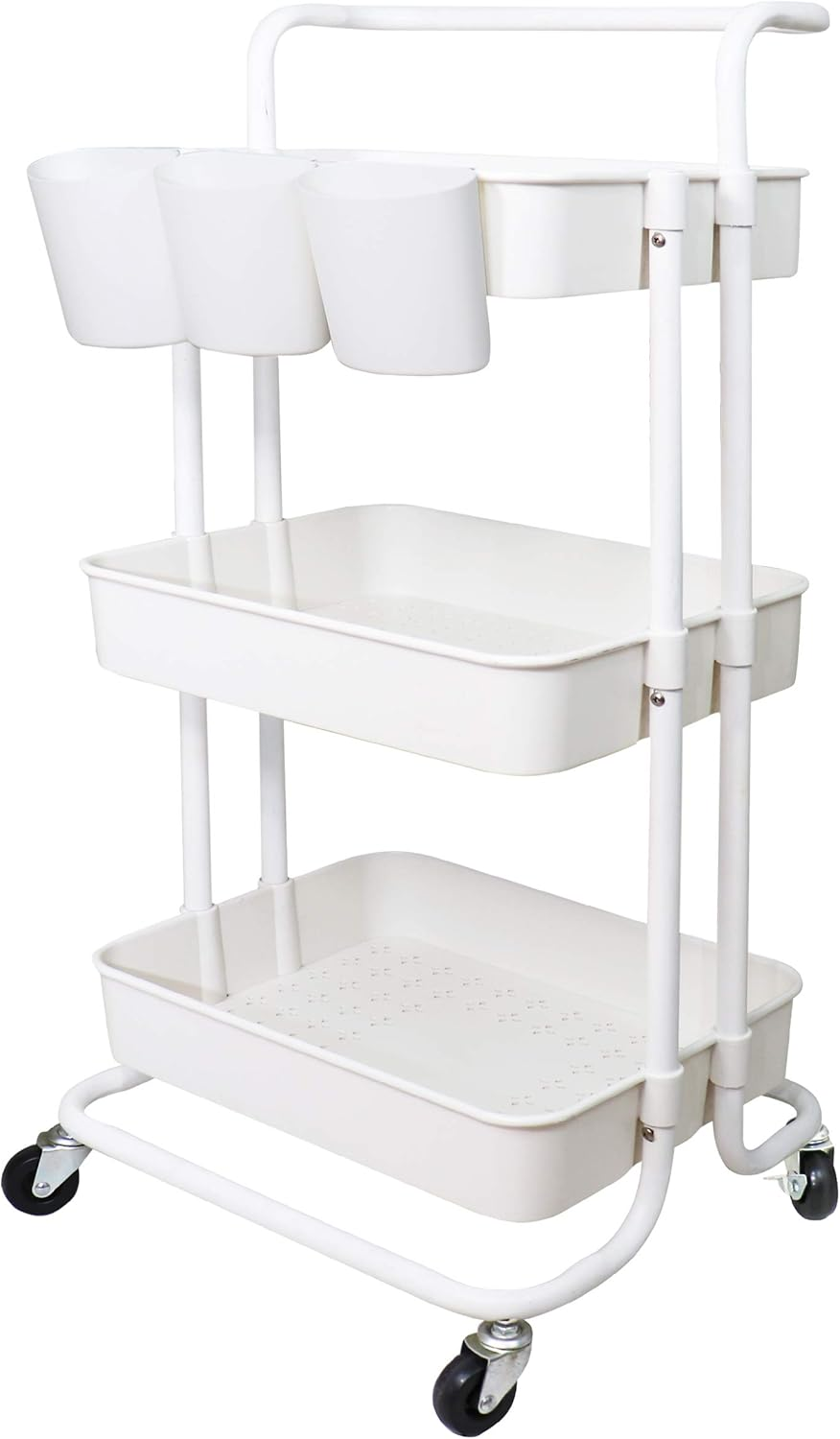 3 Tier Utility Rolling Cart Storage Organizer Shelf Multifunction Rack with 3PCS Hanging Cups for Home Office Kitchen Bathroom Store (3Pcs Cups White)