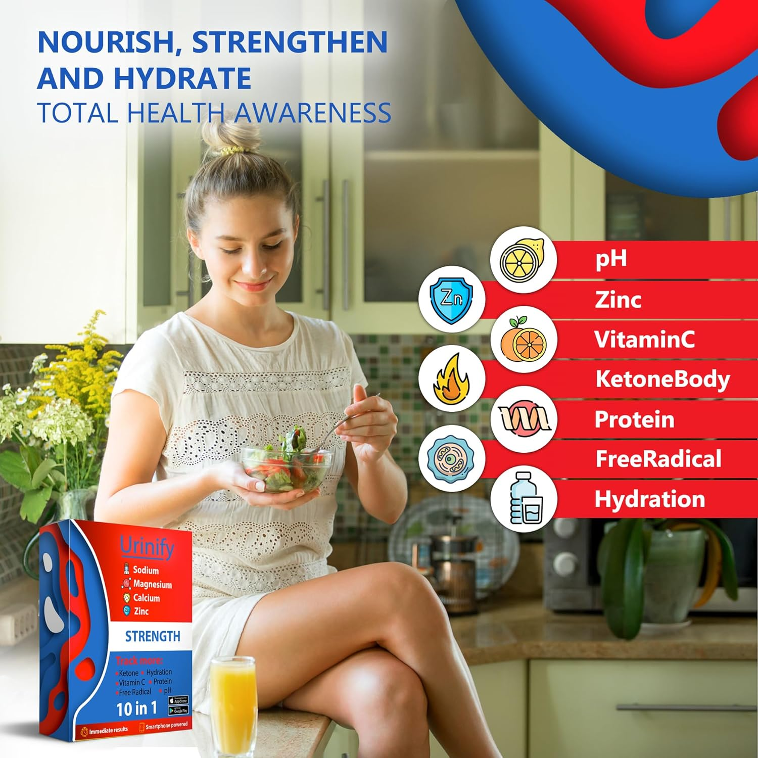 [URINIFY Strength] Urine Test Strips and Mobile App for Keto Strips Urine Test, Hydration Test, Metabolism Test, Electrolytes, Ph, Vitamin C, Urinalysis Test Strips, 6 Strips image number 2