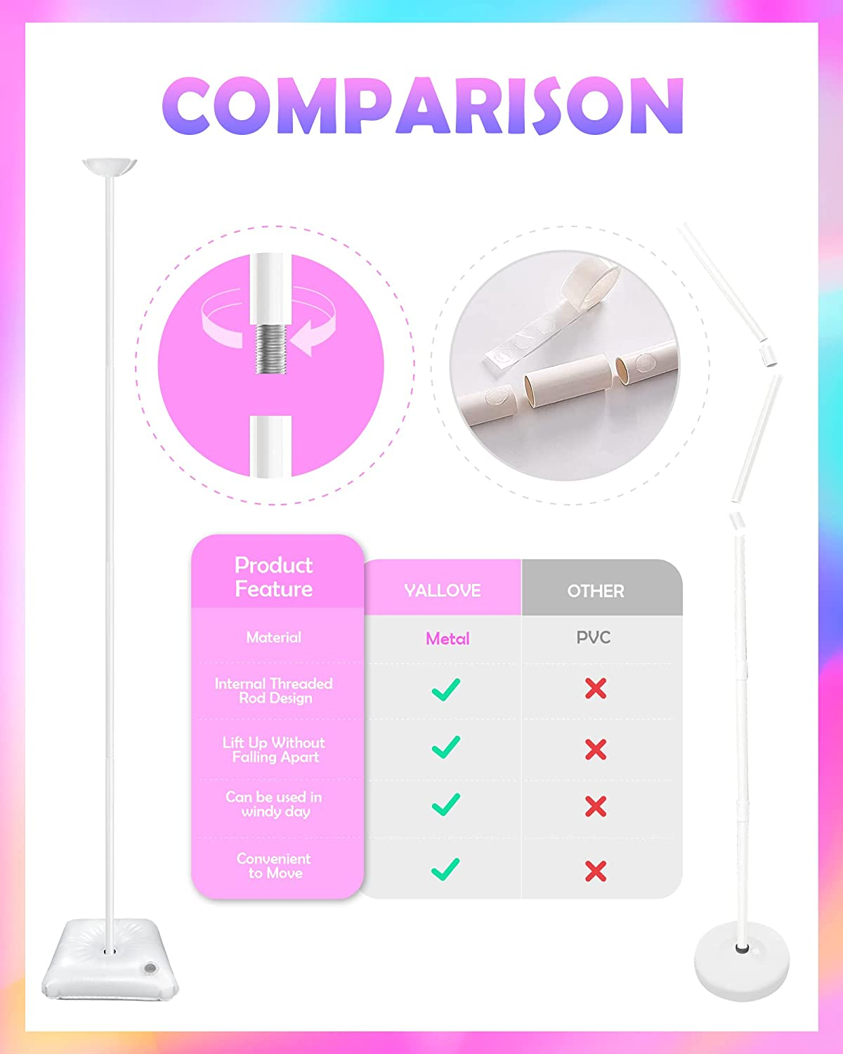 YALLOVE 4 Set of 63 Inch Metal Balloon Column Stand with Water Weight, Internal Threaded Rod Design, Stable, Reusable, Easy to Assemble N Disassemble, Great for Wedding, Grad, Shower Party Decoration image number 2