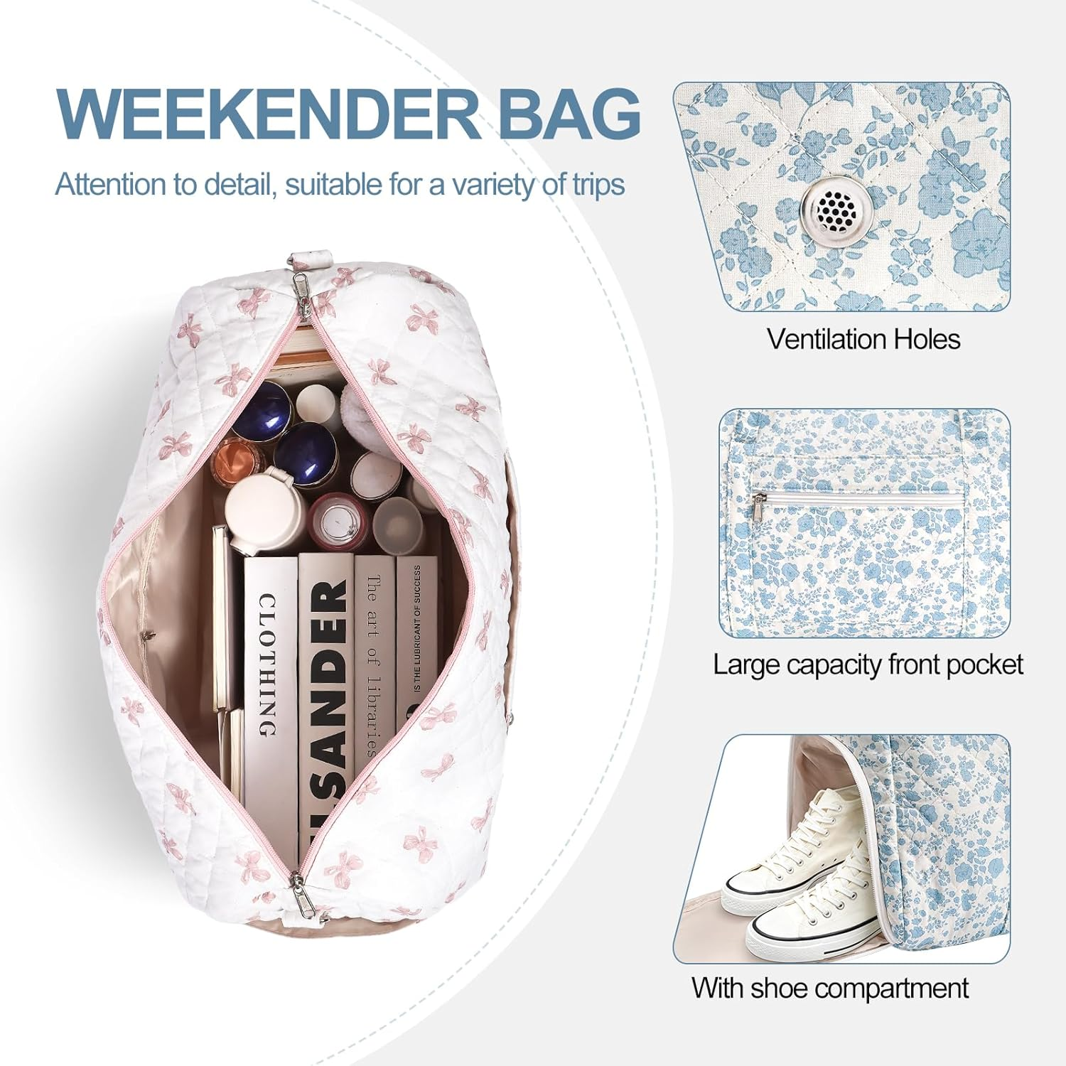 Gym Bag for Women, Cute Duffle Bag, Quilted Duffle Bag for Travel, Floral Duffle Bags, Weekend Bag with Zipper Pocket Dance Bag Organizer, Quilted-Blue Flowers, with Shoe Compartment image number 3