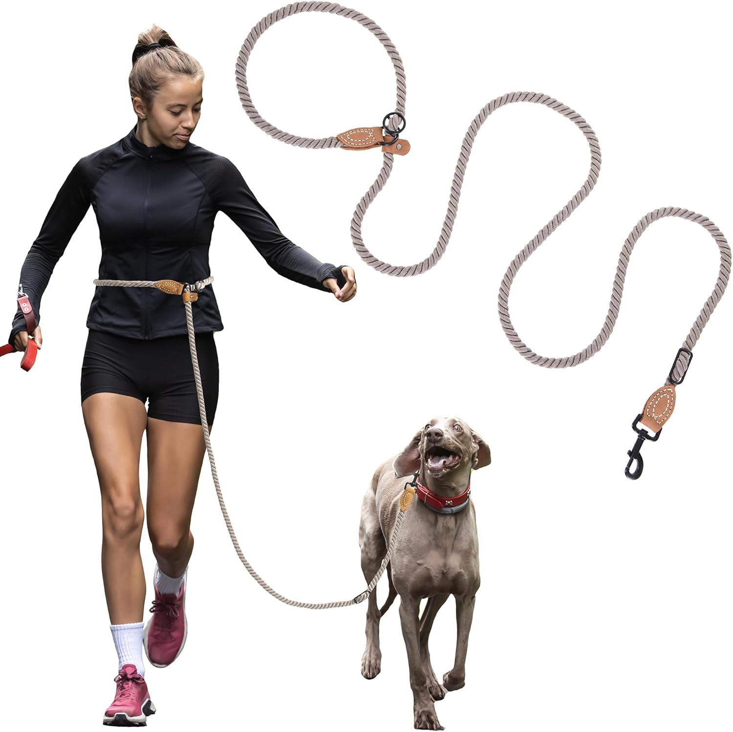 Mile High Life Leather Tailor Reinforce Handle Mountain Climbing Dog Rope Leash with Heavy Duty Metal Sturdy Clasp (Black Khaki, 4 FT)